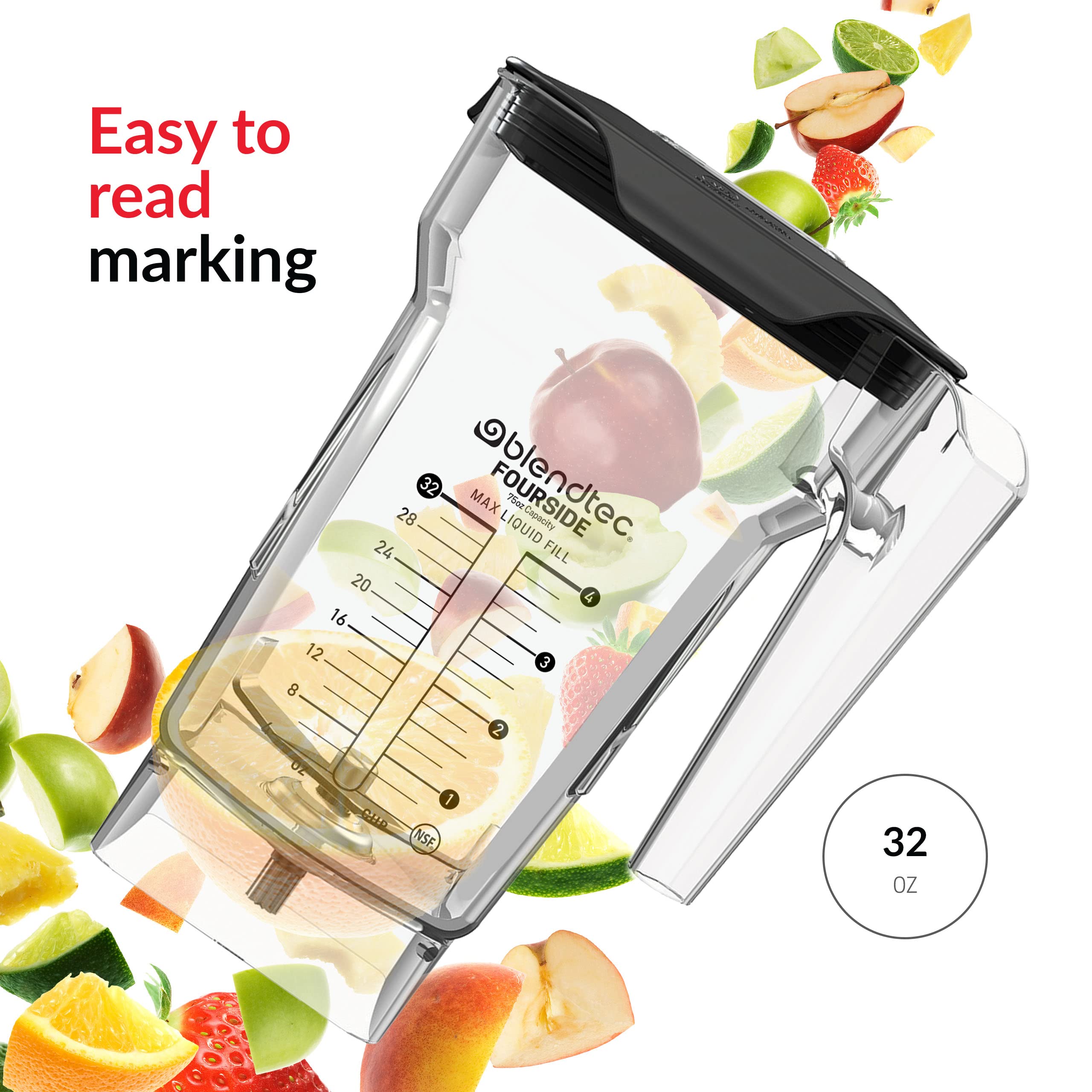 Blendtec 75 oz FourSide Commercial Blender Jar - 4-Sided Replacement Pitcher for Most Blendtec Blenders - 32 oz Blending Capacity - Clear Glass - Perfect for Smoothies, Soups & Nut Butters
