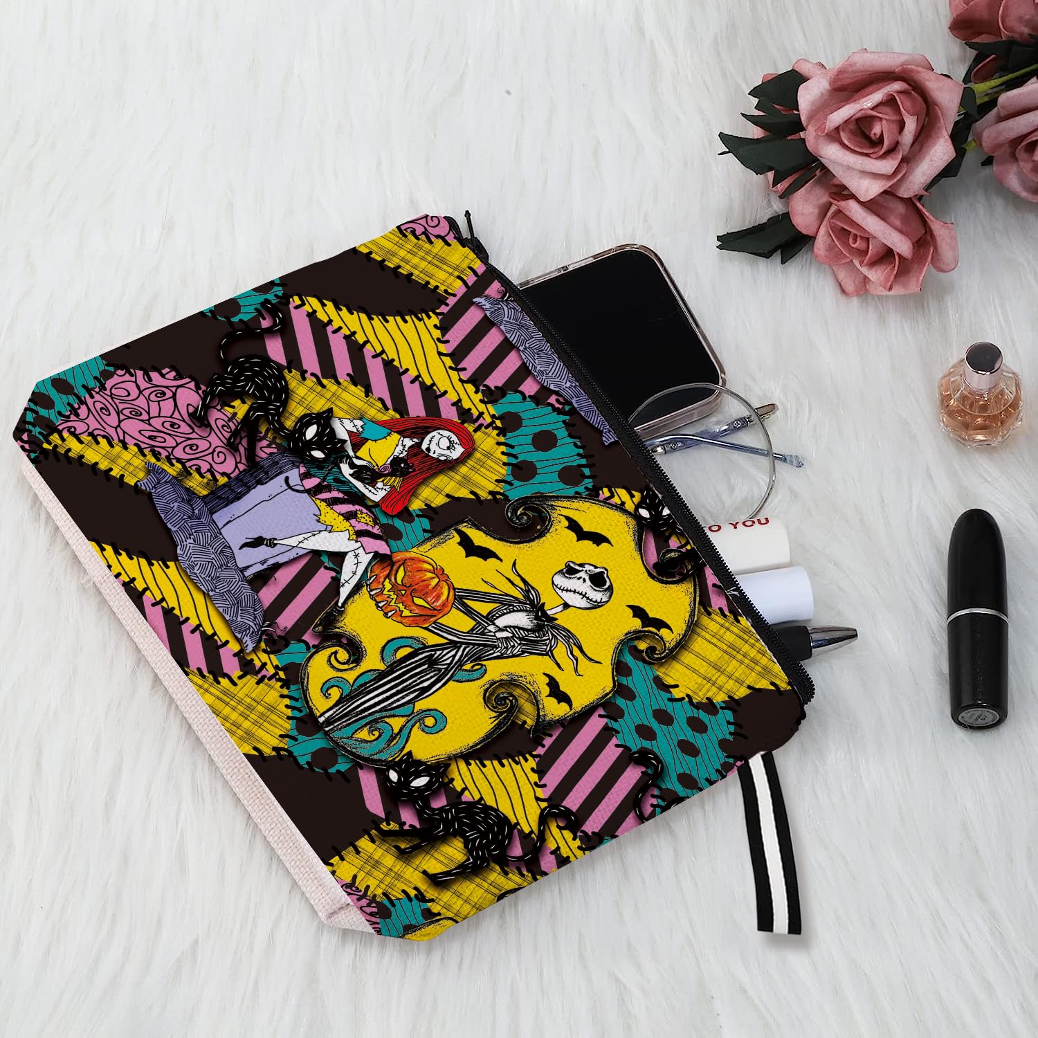 Nightmare Before Christmas Makeup Bag - Jack and Sally Themed Cosmetic Pouch for Women, Waterproof Travel Toiletry Bag with Zipper | Perfect for Halloween, Cosplay, and Daily Makeup Storage