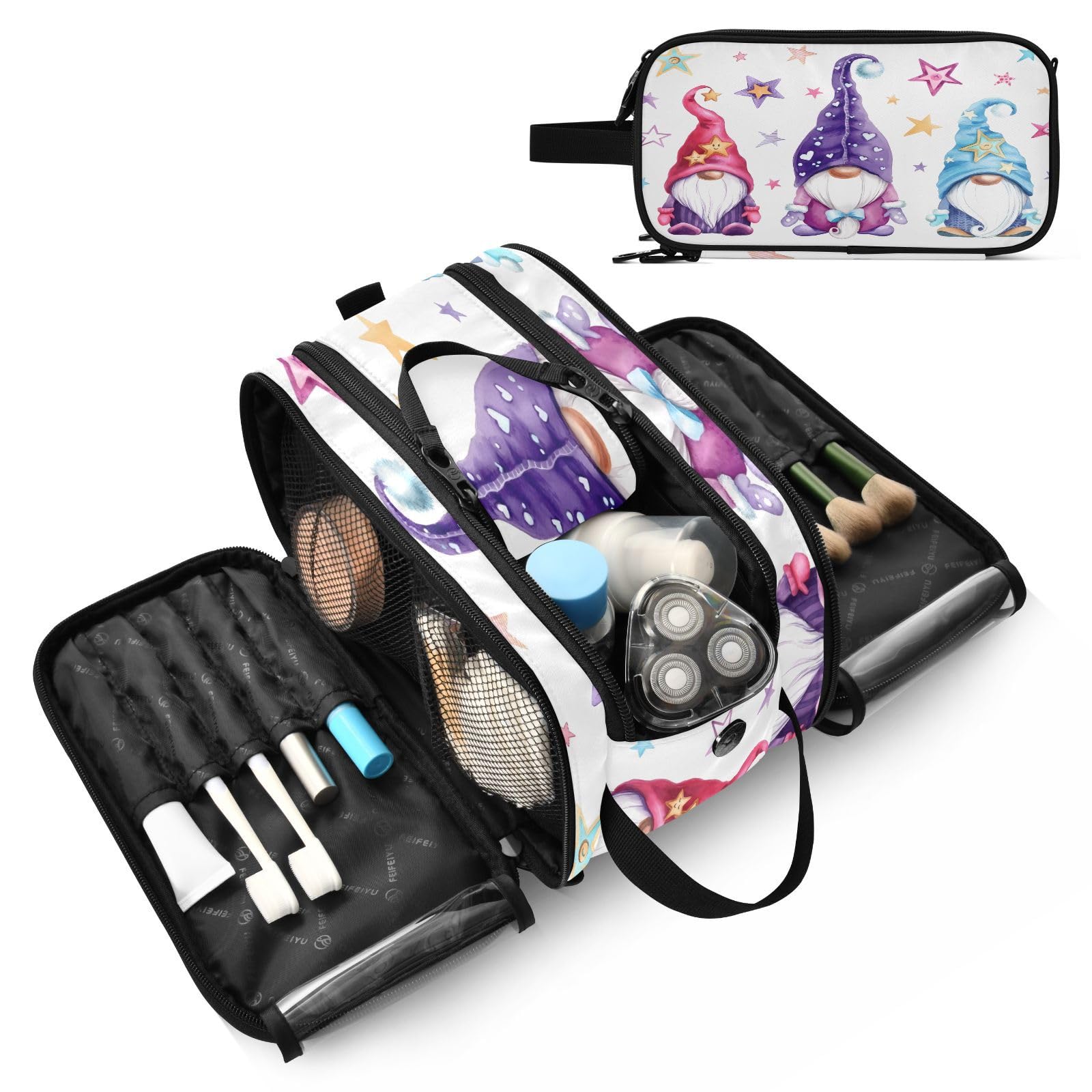 Gnome Makeup Bag with Brush Compartment - Travel Cosmetic Organizer for Women