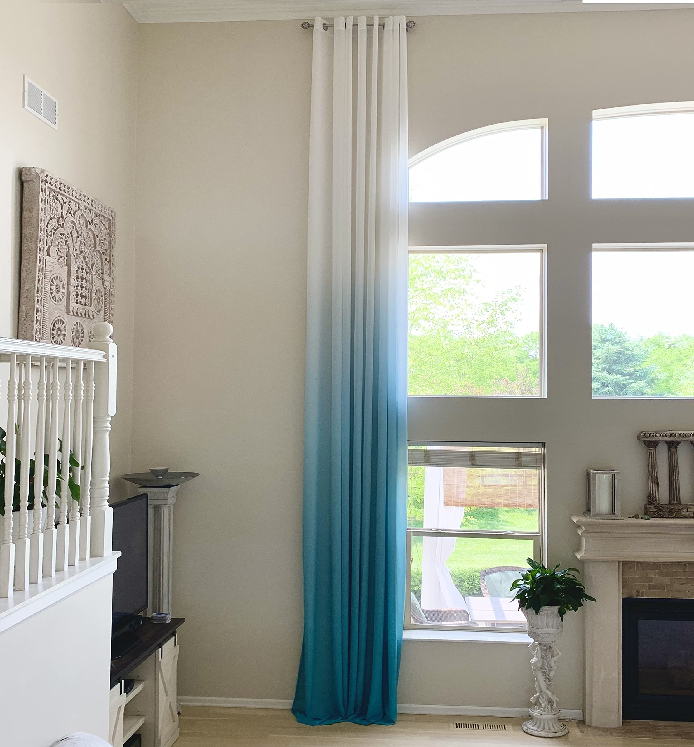 Ikiriska Ombre Sheer Curtains Extra Long 10-20 ft. (White/Turquoise, Custom Length 100