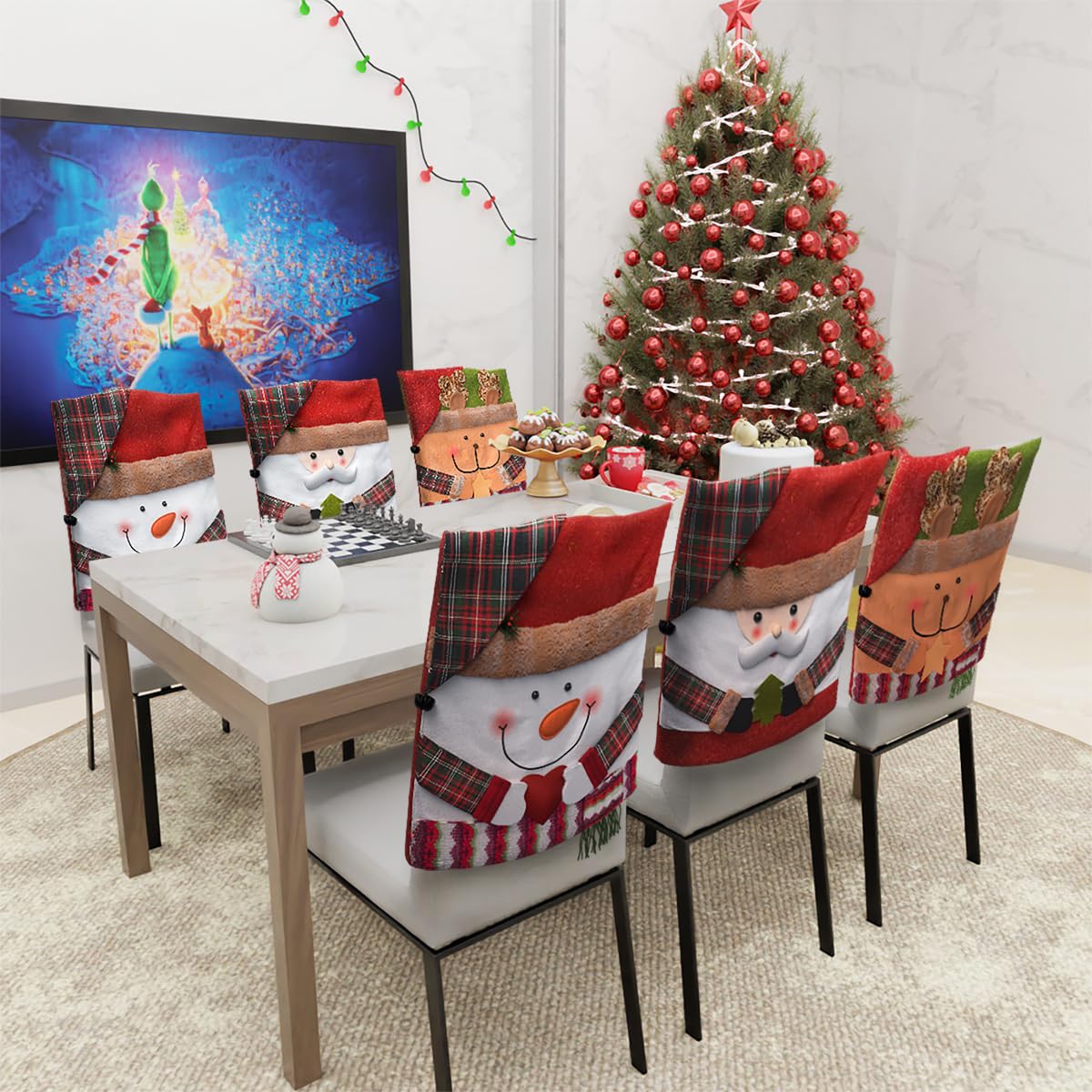 Christmas Chair Covers Set of 2 - Santa Snowman Holiday Chair Back Covers for Dining Room, Kitchen & Party Decor (Red & Green, Large) - Perfect for Christmas Dinner, Holiday Gatherings & Festive Home Decor