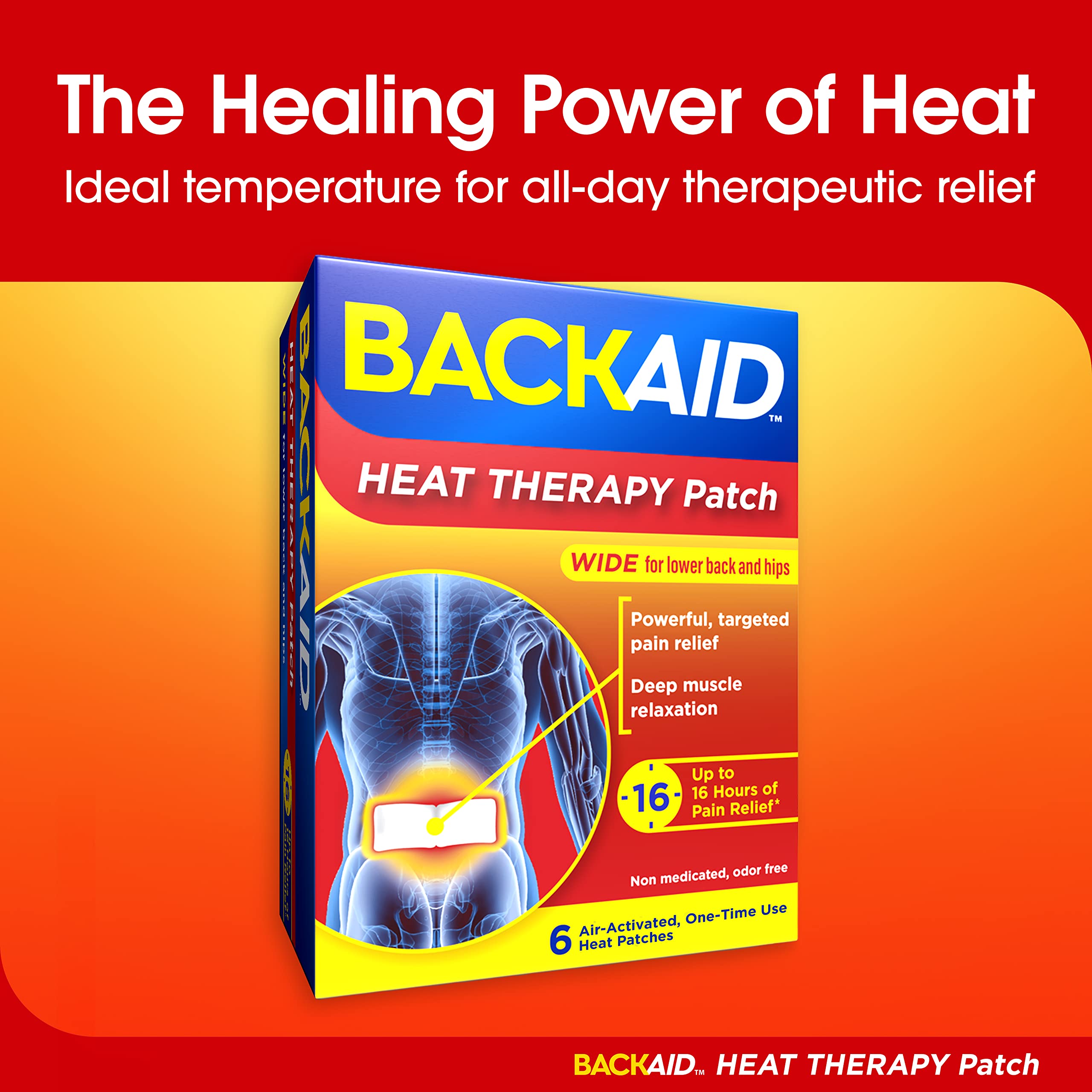 Backaid Heat Therapy Patch - Air-Activated Therapeutic Heating Pads for Lower Back & Hip Pain Relief (6 Count) - Perfect for Work, Travel & Post-Workout Recovery