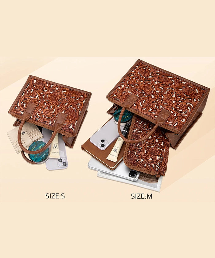Trinity Ranch Genuine Leather Tooled Tote Bag - Western Style Handbag for Women, Perfect for Work, Travel and Everyday Use