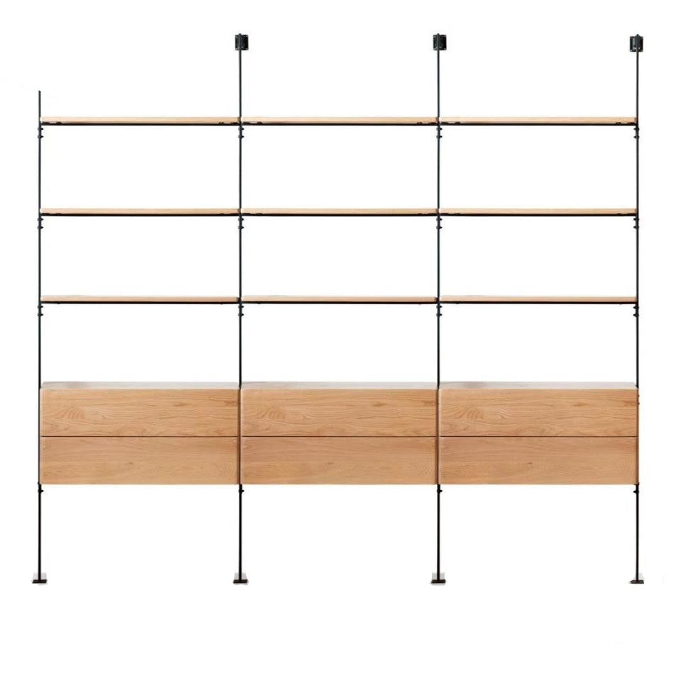 96.9x12.6x87.8 inch / 246x32x223 cm / natural wood color / three-row with drawer