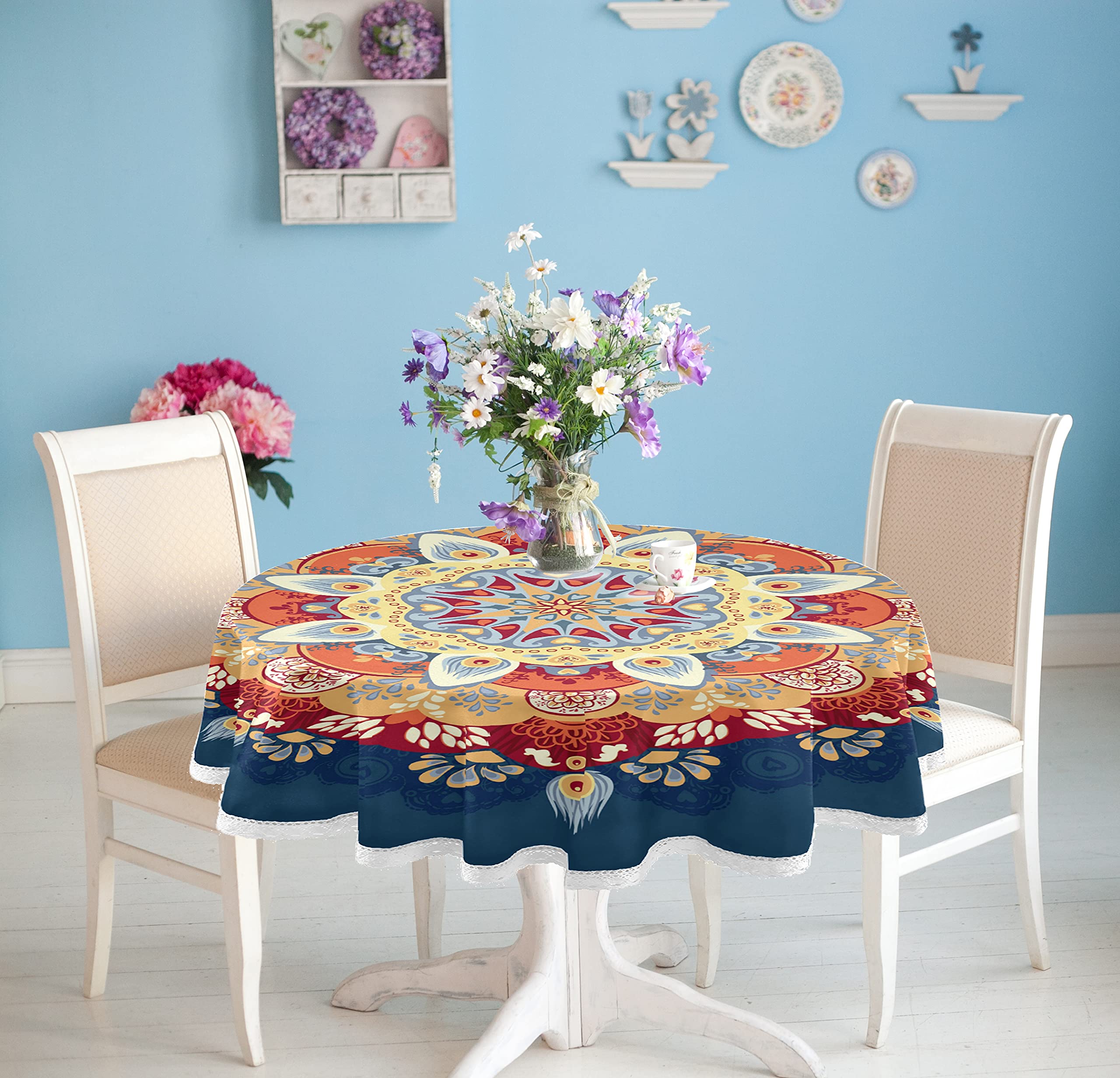 ALAZA Blue Boho Mandala Round Tablecloth 60 Inch - Waterproof Oilcloth Picnic Table Cover with Floral Lace Trim for Dining, Kitchen, Outdoor, Party & Wedding Decor