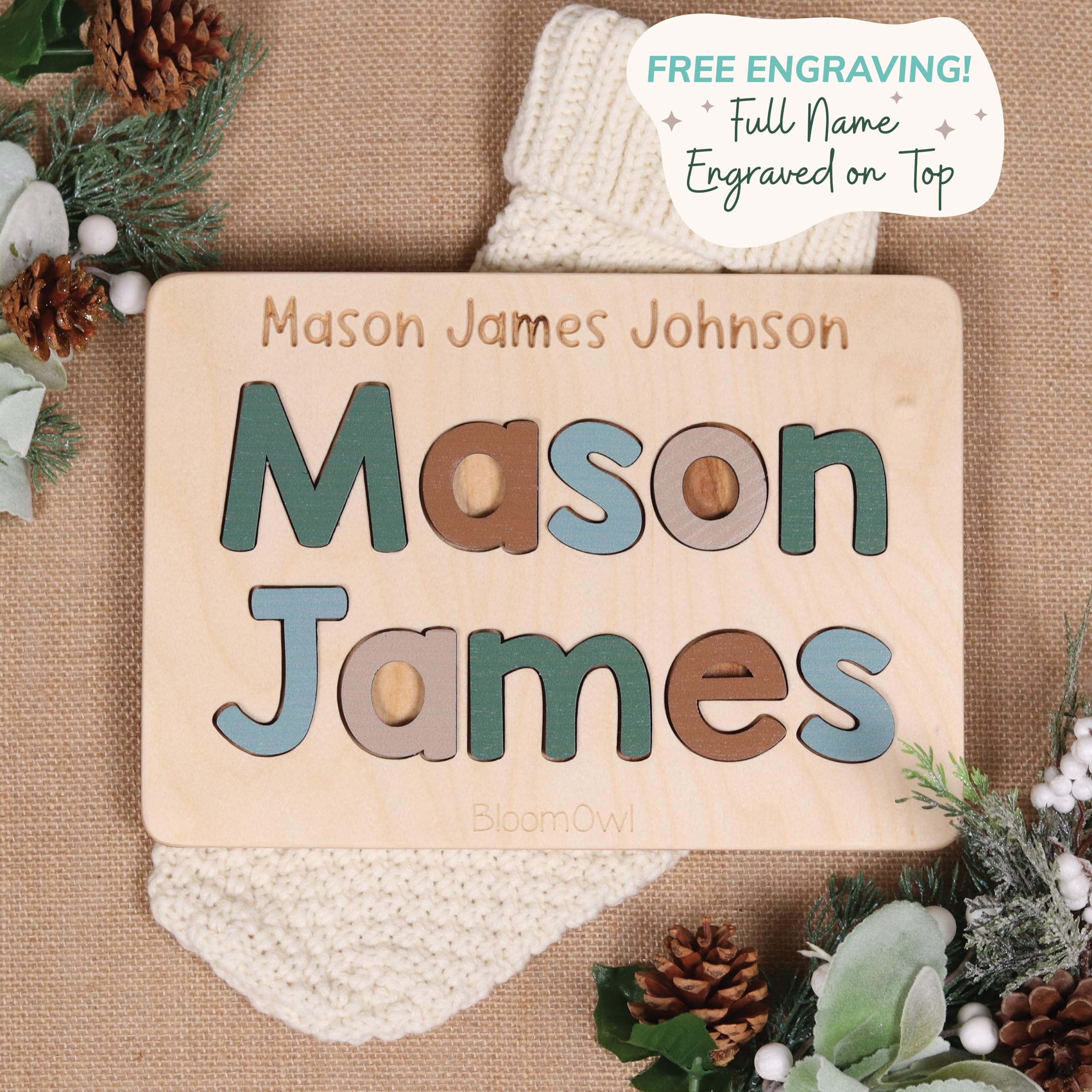 Personalized Wooden Name Puzzle for Kids - Custom Baby Gift for Boys & Girls | Handmade in USA by Bloom Owl | Montessori Learning Toy for Toddlers 1-3 | Perfect for Easter, First Birthday & Nursery Decor