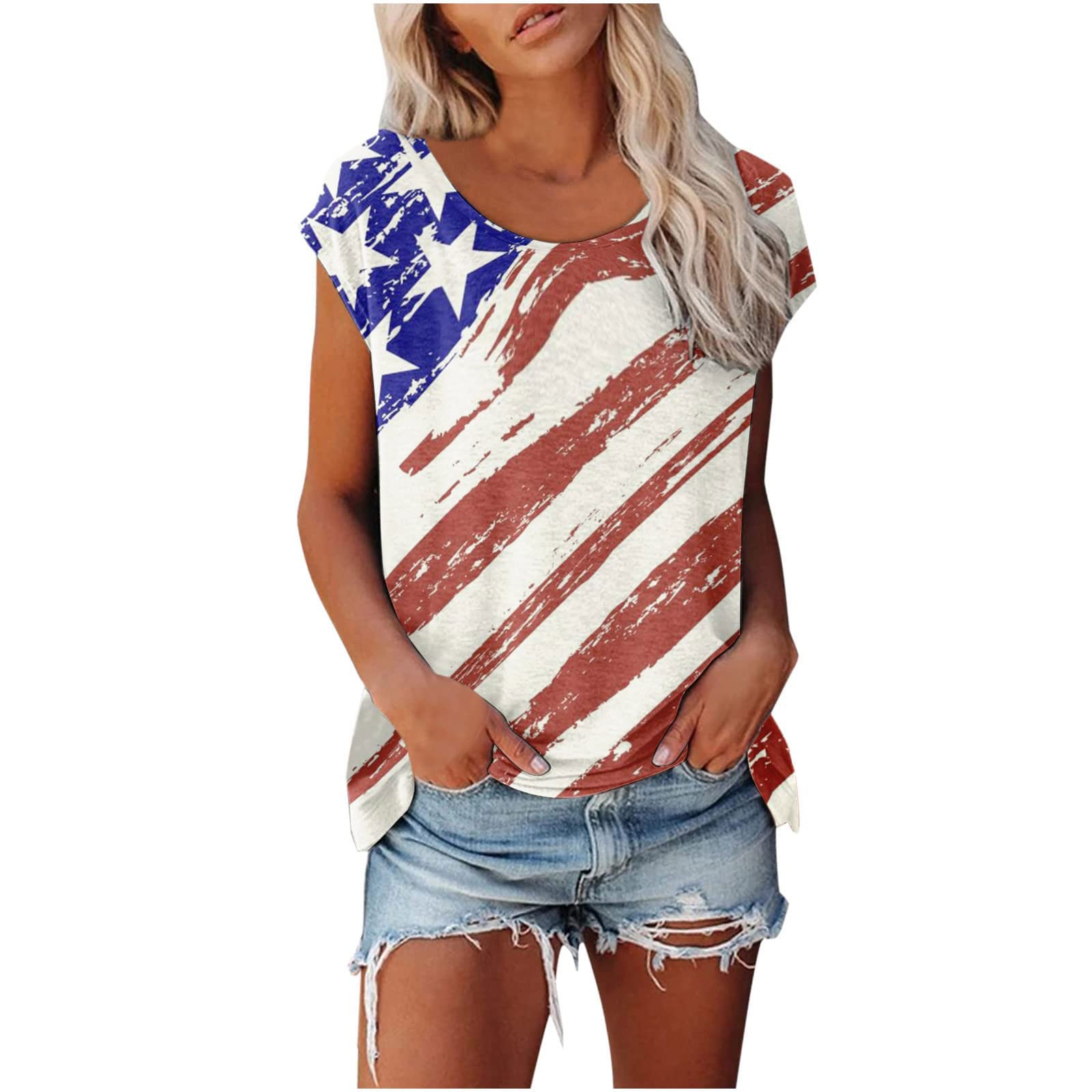 4th of July Patriotic Women's Plus Size Floral Short Sleeve Blouse - Loose Fitting Casual V-Neck Basic Tee Tops in White | Perfect for Independence Day Celebrations, BBQ Parties & Summer Outfits