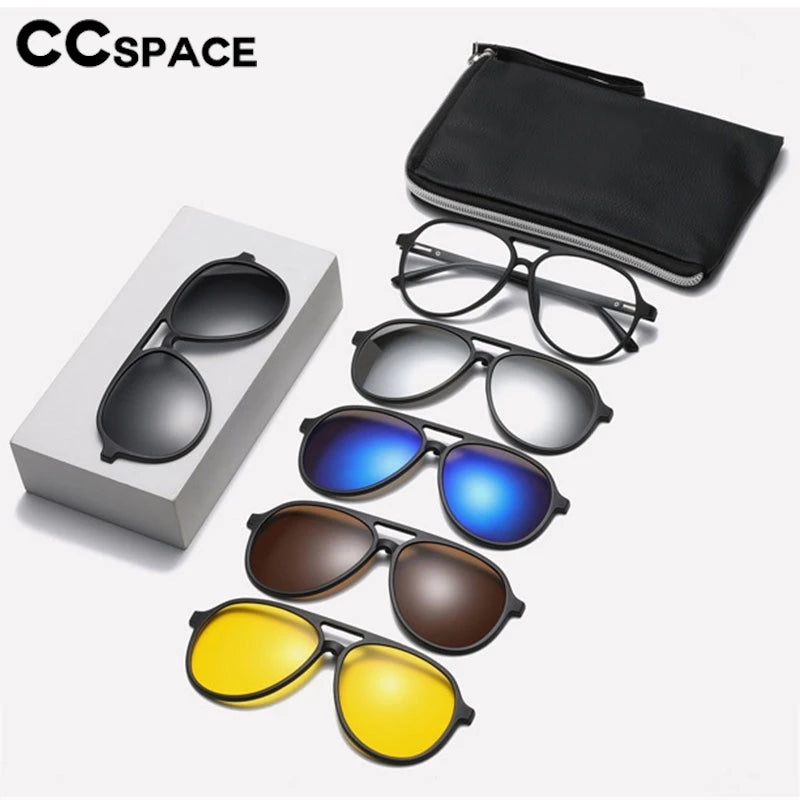 CCspace Unisex Full Rim Oval TR90 Titanium Eyeglasses with Clip-On Polarized Sunglasses - Lightweight Durable Frame for Men & Women - Perfect for Driving, Outdoor Sports and Daily Fashion Wear
