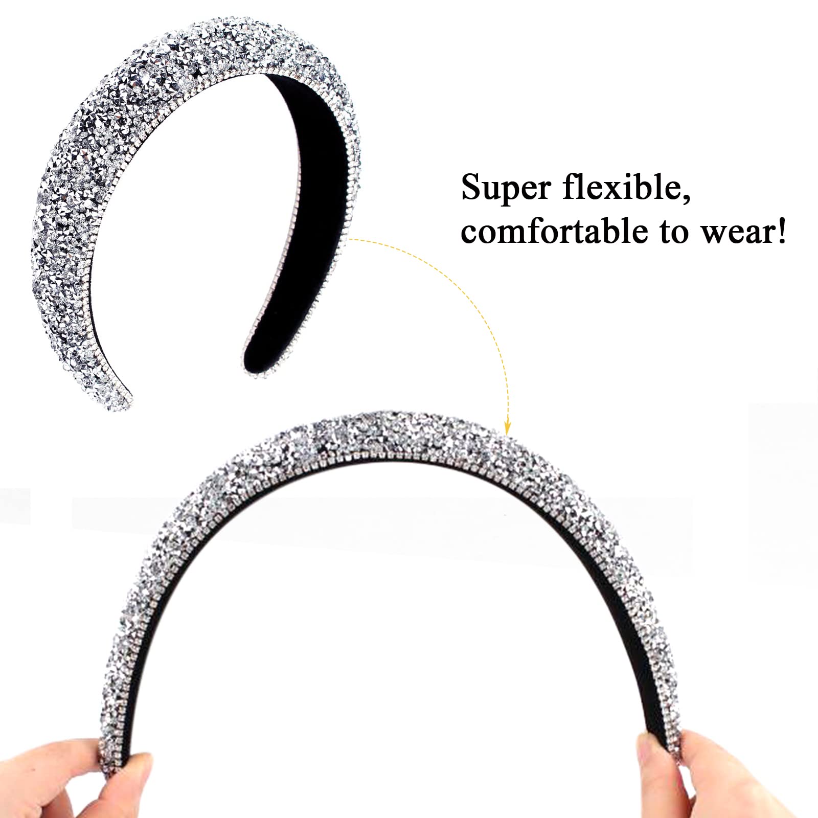 Sparkling Rhinestone Diamond Headbands for Women & Girls - Glitter Bling Silver Fashion Hair Accessories with Thick Padded Comfort | Perfect for Weddings, Parties, Prom & Everyday Wear