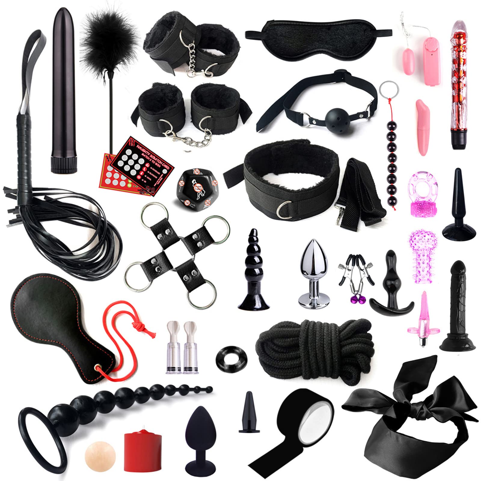35-Piece BDSM Bondage Kit for Couples - Extreme Sex Toy Set with Handcuffs, Whip, Nipple Clamps, Gag & Anal Plugs - Beginner & Advanced Bondage Gear for Spicing Up Your Bedroom (#1, Black) - Perfect for Roleplay, BDSM Exploration & Couples' Intimate Adventures