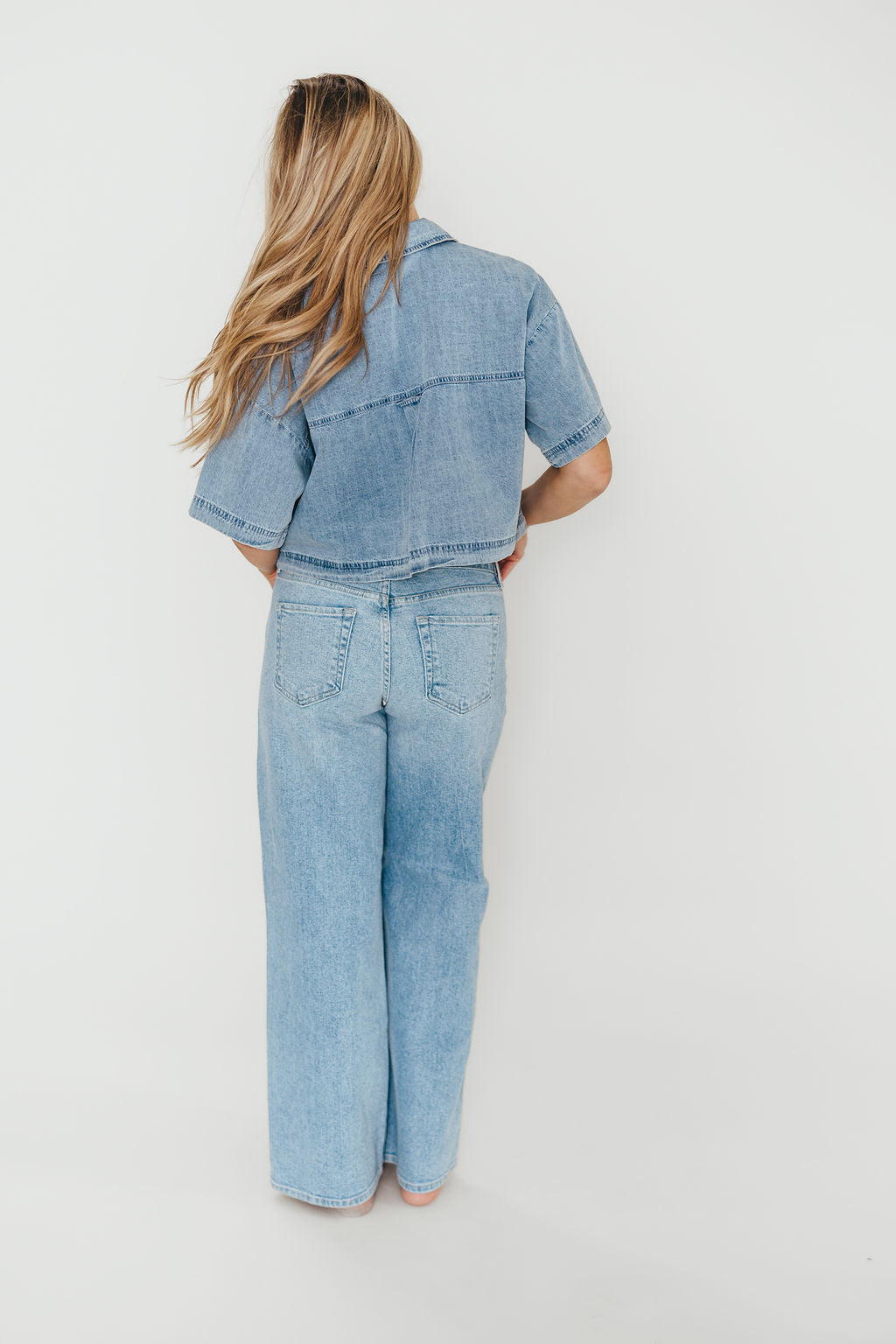 Carla 100% Cotton Chambray Cropped Shirt - Women's Casual Short Sleeve Button Down Top for Summer Outfits, Beach Wear & Boho Style