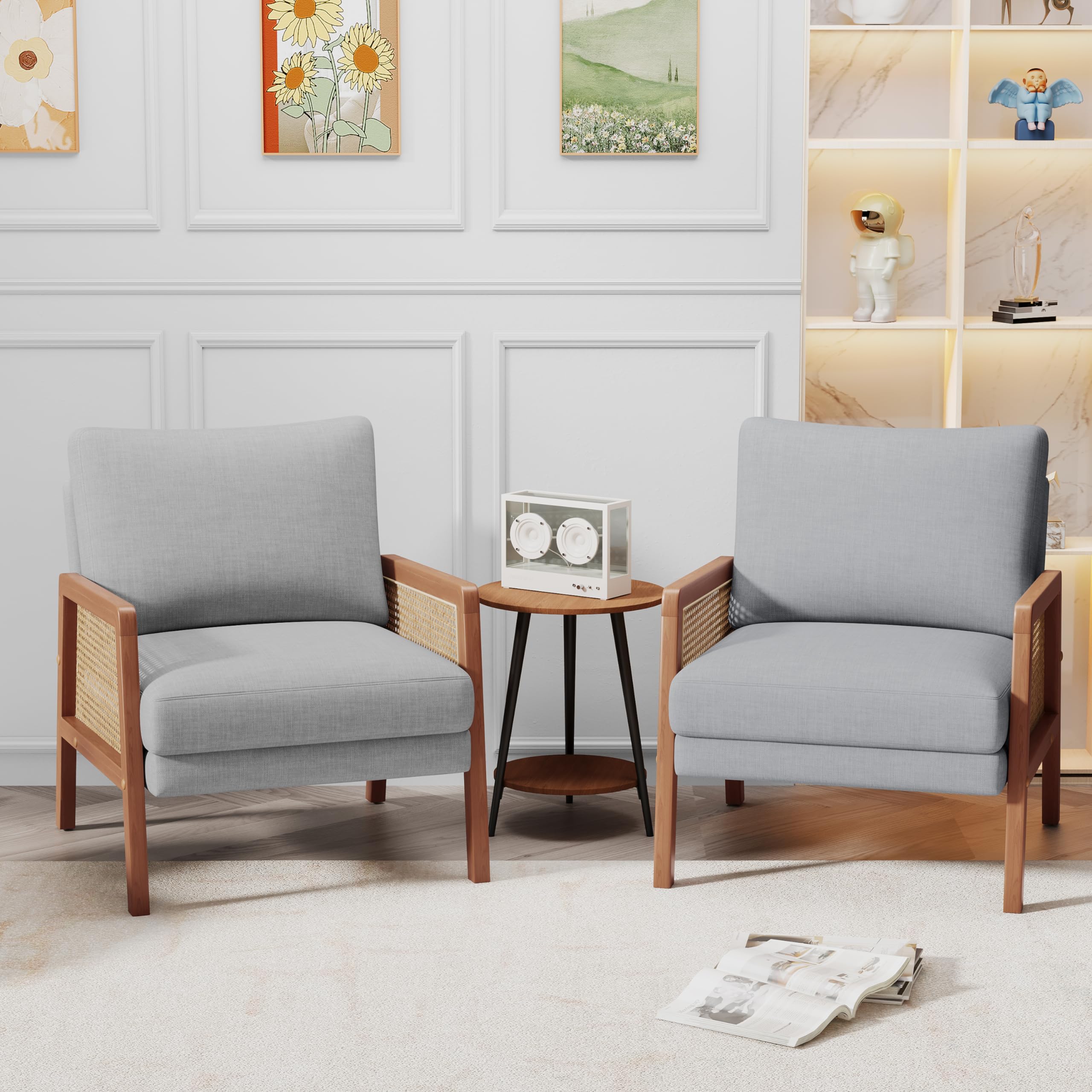 WENTMENT Set of 2 Modern Rattan Accent Chairs with Natural Armrests - Upholstered Living Room Armchairs, Comfortable Single Sofa Chairs for Reception, Hosting & Bedroom (Grey) | Perfect for Lounge, Reading Nook & Cozy Home Decor