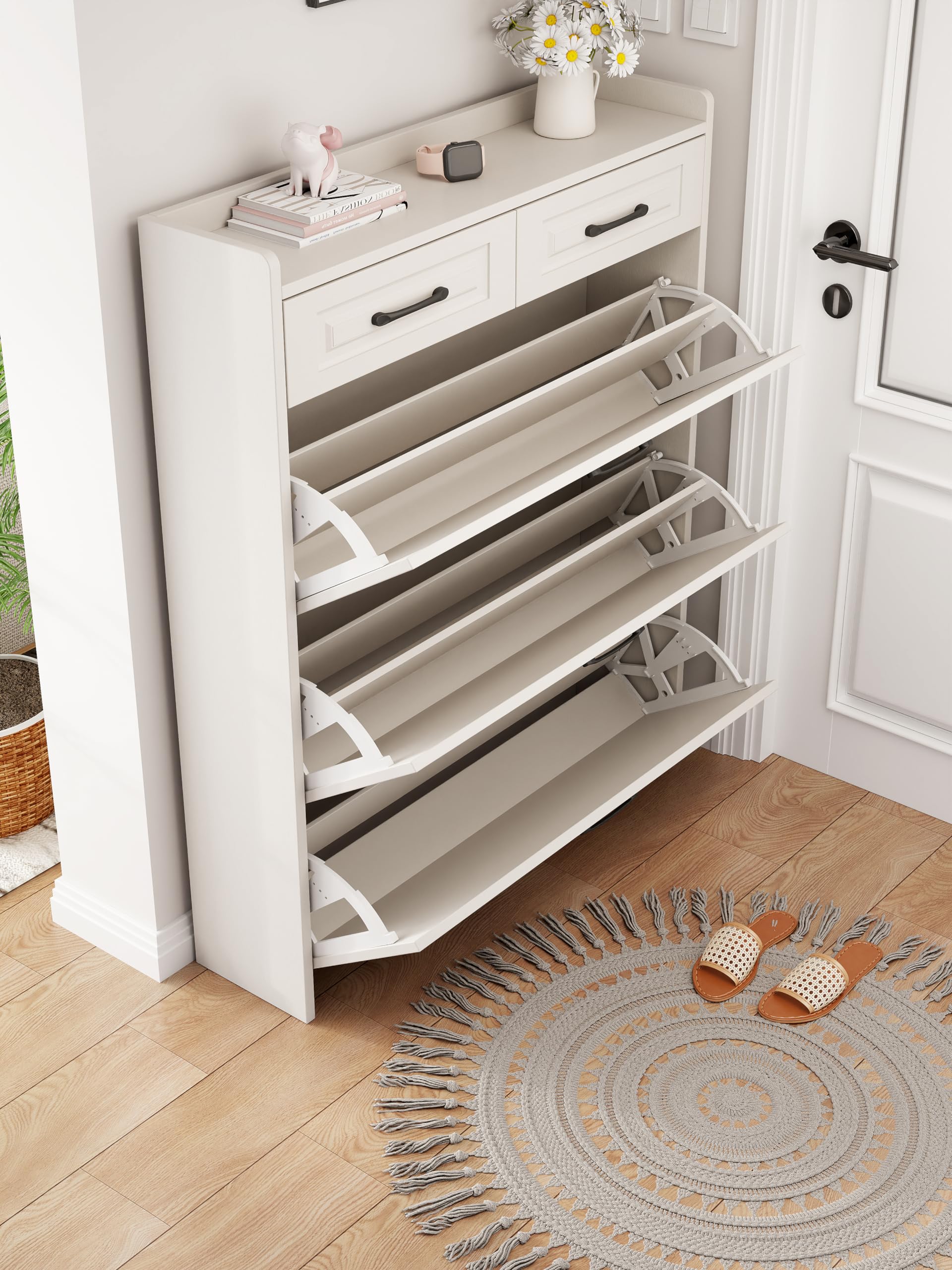 White 4-Tier Slim Flip Down Shoe Storage Cabinet with Drawer - Narrow Hidden Shoe Organizer for Entryway, Hallway & Apartment - Perfect for Small Spaces and Clutter-Free Home Organization