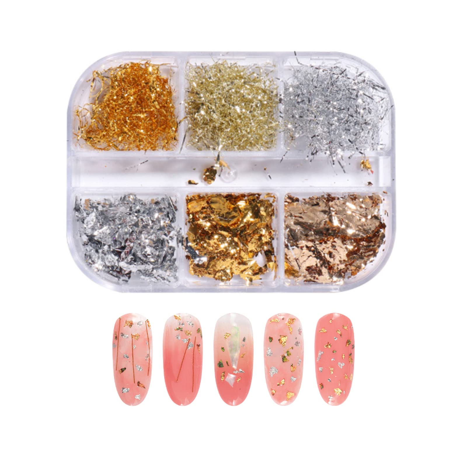 6 Grids Gold Silver Nail Foils - Shining Nail Glitter Flakes & Sequins Stickers for Nail Art | DIY Manicure, Salon Professional Nail Design Accessories