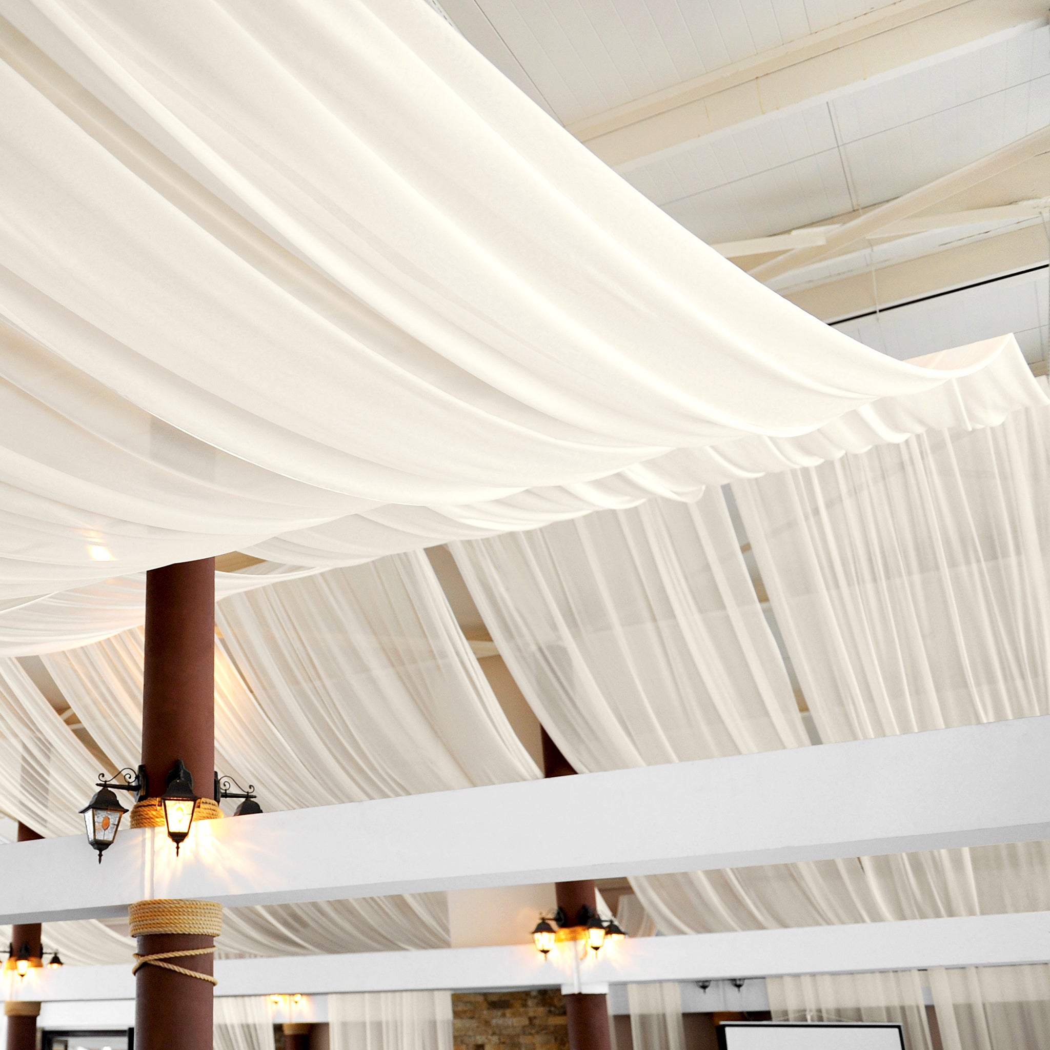 30ft Flame Retardant (FR) Voile Sheer Fabric for Ceiling & Curtain Draping - Ivory White - Perfect for Wedding Decor, Stage Backdrops, and Event Design