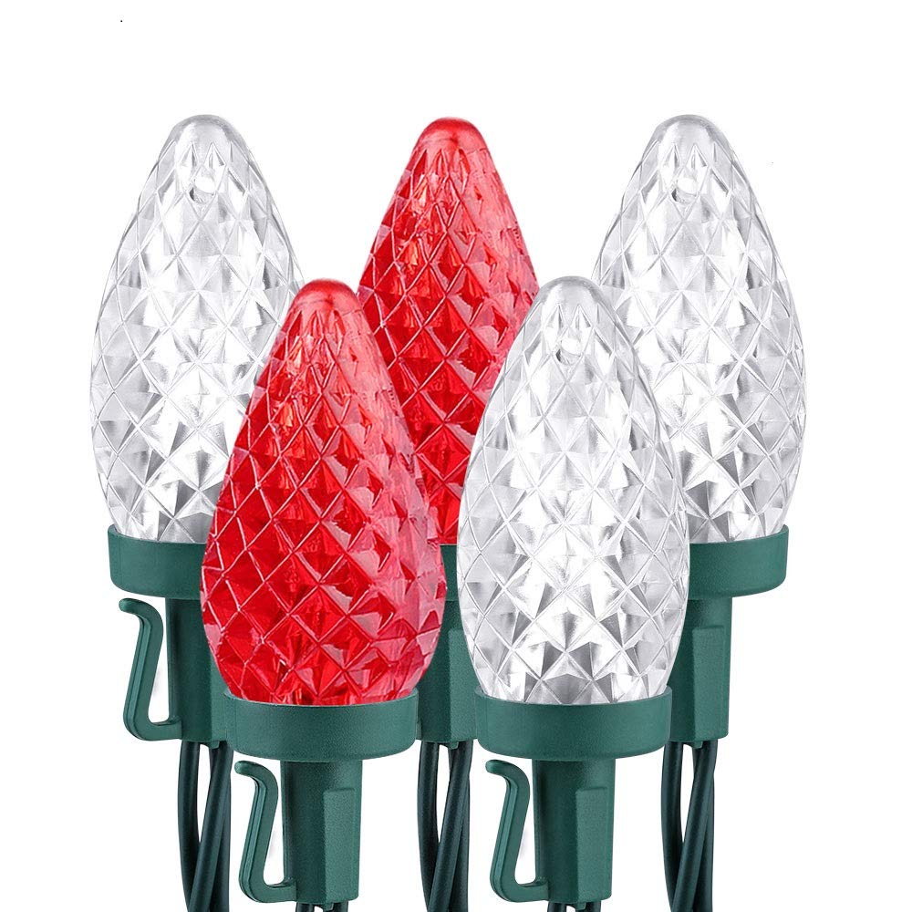 Brizled C9 Christmas Lights - 33ft 50 LED Faceted String Lights, Connectable Indoor/Outdoor Holiday Decor, UL Certified 120V for Tree, Garden, Porch & Party (Red & White) - Perfect for Christmas, Weddings, and Year-Round Festive Lighting