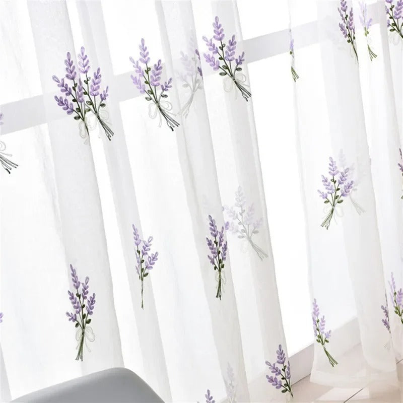 Mila Lavender Floral Embroidery Sheer Curtains - White & Purple Window Drapes for Living Room, Bedroom & Nursery Decor