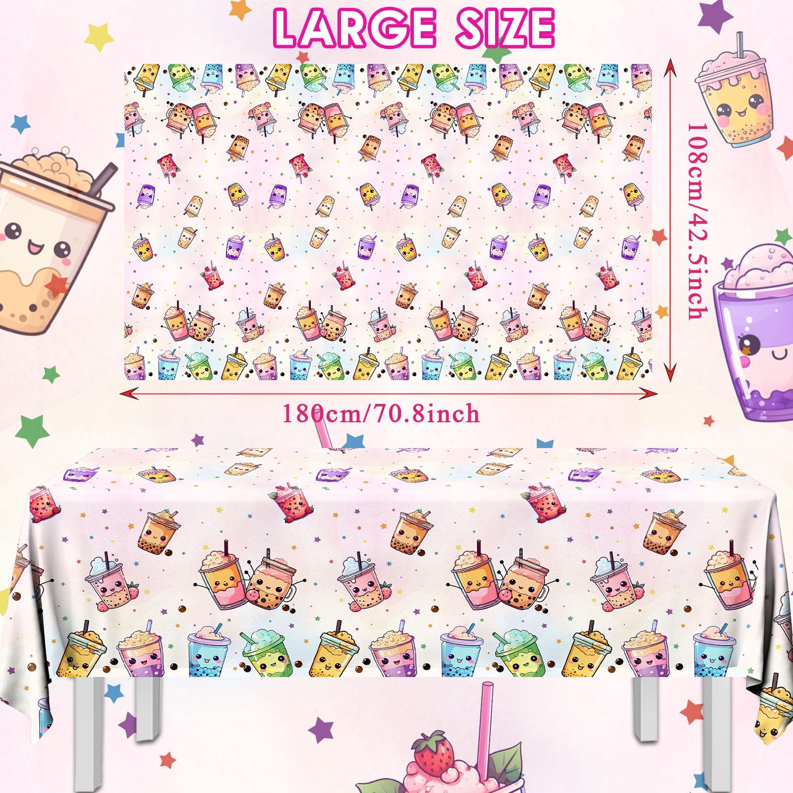 3pcs Waterproof Bubble Tea Tablecloths - Boba Tea Party Decorations, Birthday Table Covers for Kawaii Themed Events & Asian Dessert Celebrations