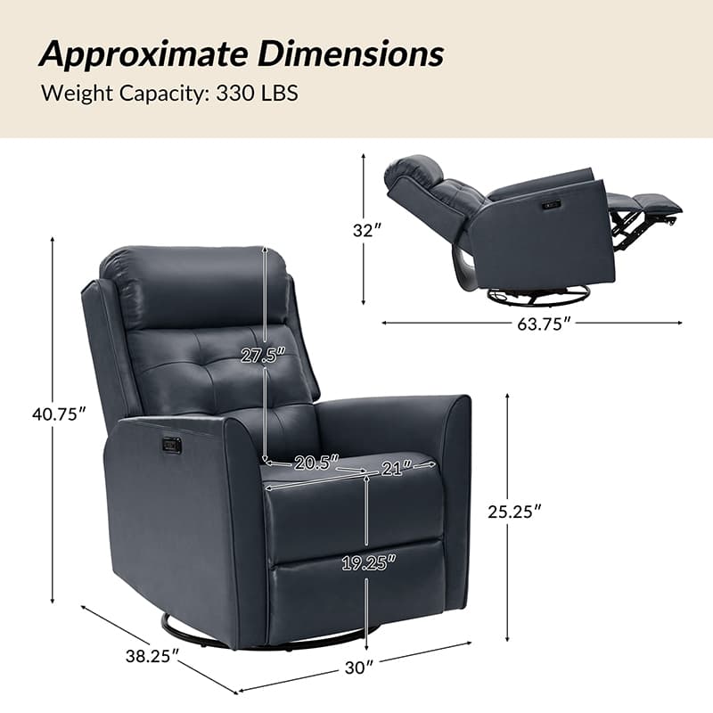 Felisa Genuine & PVC Leather Power Swivel Recliner Chair - Adjustable Electric Massage Recliner with USB Ports for Living Room, Home Theater, and Office Relaxation