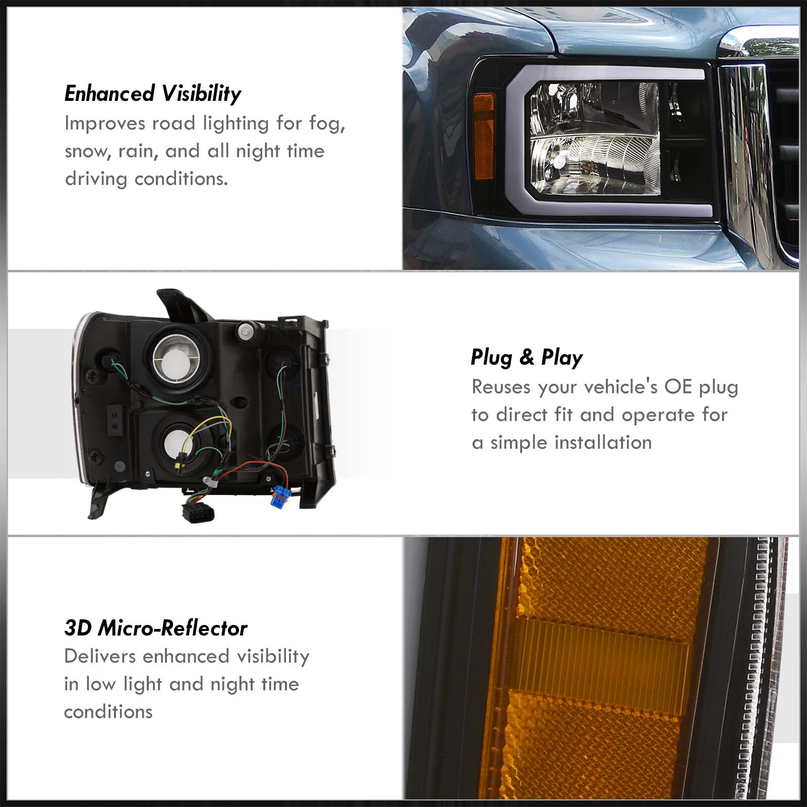 LED DRL Headlights for GMC Sierra 2007-2014 - Black Housing, Amber Reflectors - Upgrade Your Truck Lighting
