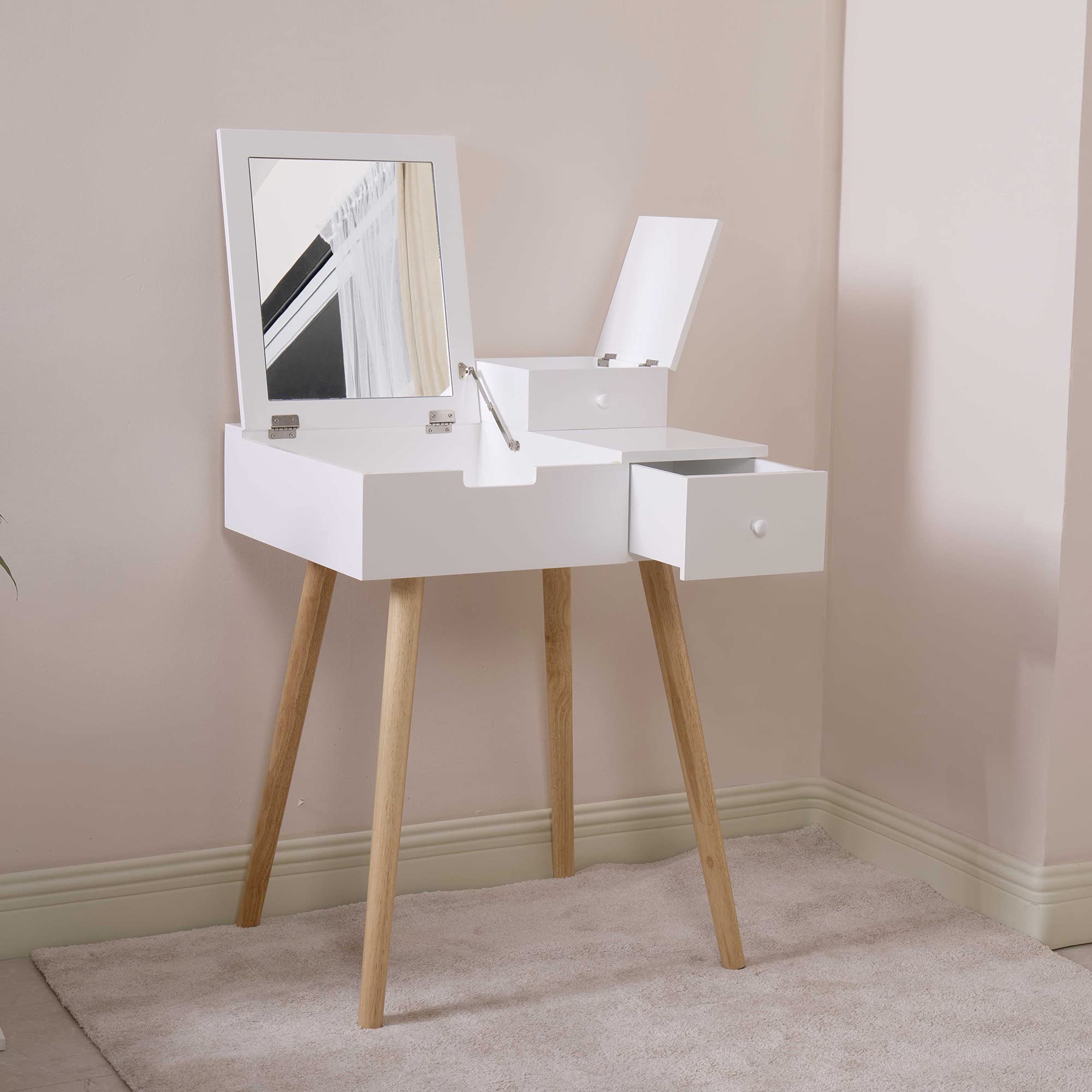 White Wooden Vanity Desk with Drawer & Flip-Top Mirror - 15.6