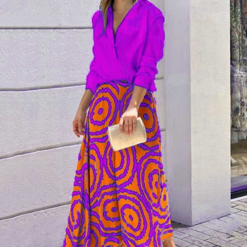 Lovevop Women's Two Piece Set - Sexy Lapel Solid Color Top & Printed Long Skirt Outfit | High Street Fashion Dress for Back to School, Date Night & Party Wear