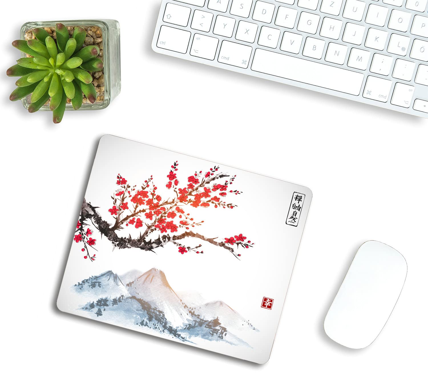 Premium Japanese Ink Painting Mouse Pad - Cherry Blossom & Snow Mountain Design, Non-Slip Rubber Base, 9.5