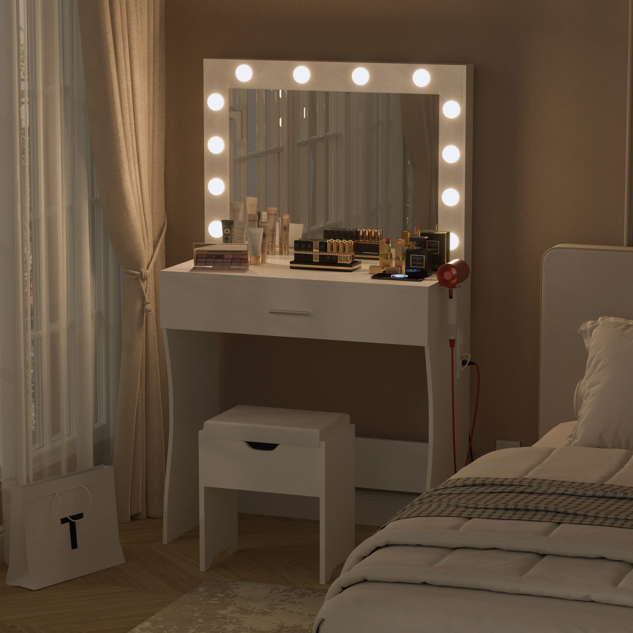 White Makeup Vanity Desk with LED Lights & Charging Station - 3 Color Modes, Large Mirror & Storage Stool - Perfect Dressing Table for Bedroom, Beauty Room & Home Salon