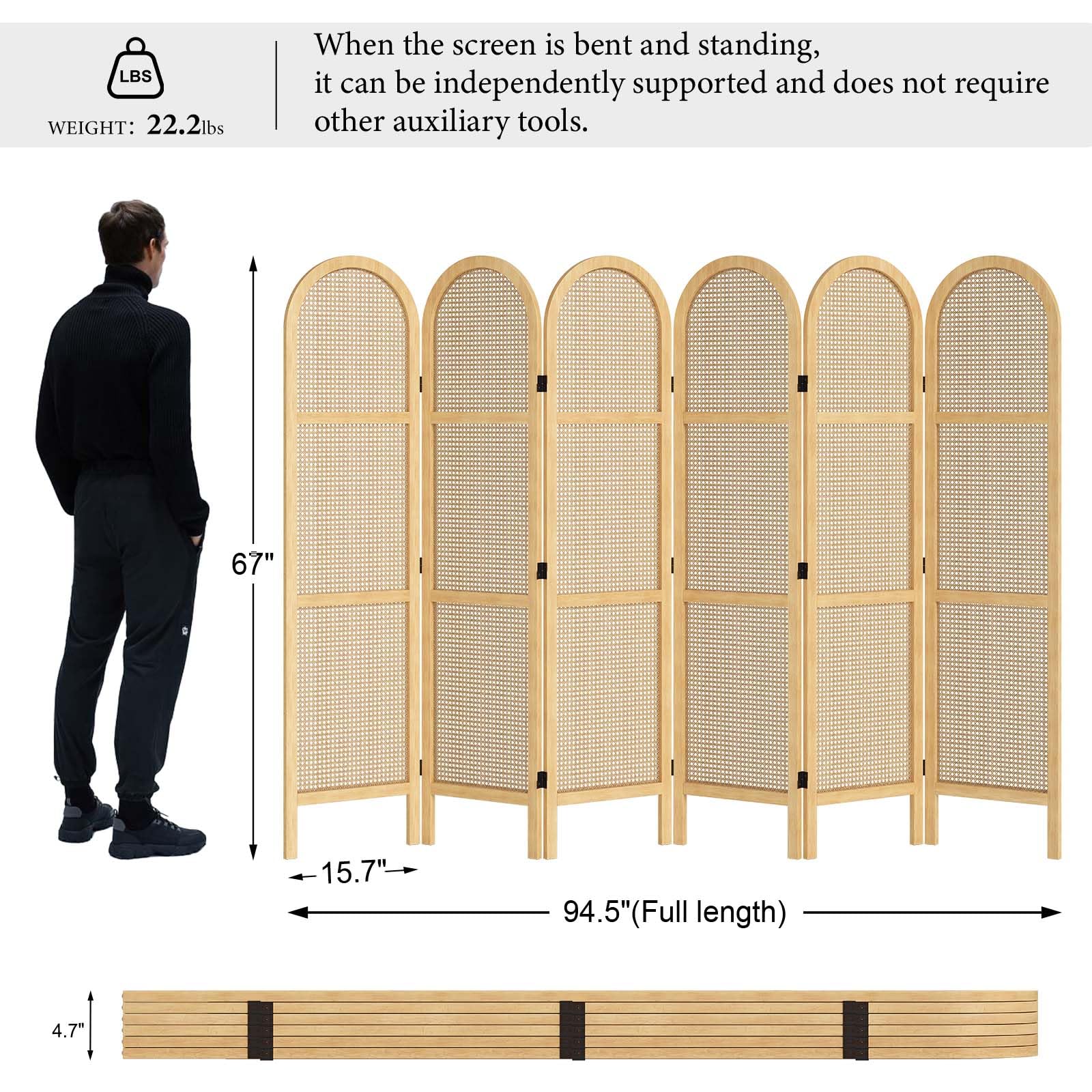 5.6 Ft Double Hinged Rattan Room Divider - Freestanding Folding Privacy Screen with 6 Panels for Bedroom, Office & Living Room (Natural) | Home & Office Partition Wall Decor