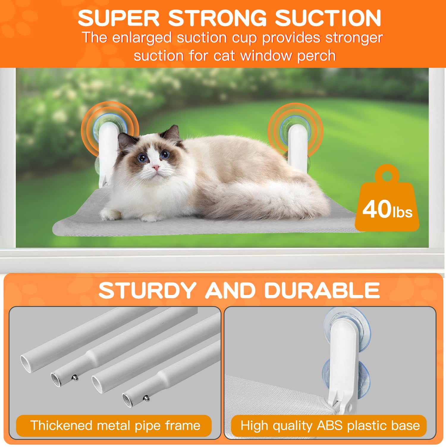 Cat Window Perch - Sturdy Cordless Cat Hammock with 4 Strong Suction Cups & 2 Metal Frames, Reversible Soft Pet Bed, Foldable Indoor Cat Perch for Kittens & Cats - Perfect for Sunny Windows, Apartment Living & Cat Napping