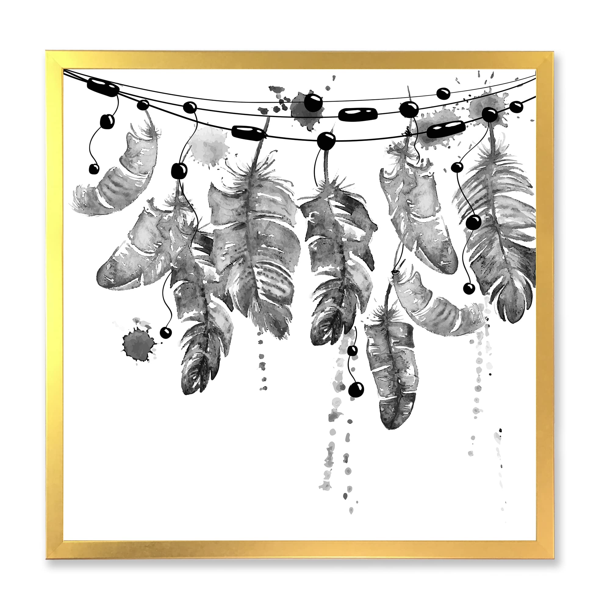 DesignQ Bohemian Hanging Bird Feathers Framed Wall Art - Eclectic Home Decor for Living Room, Bedroom & Office