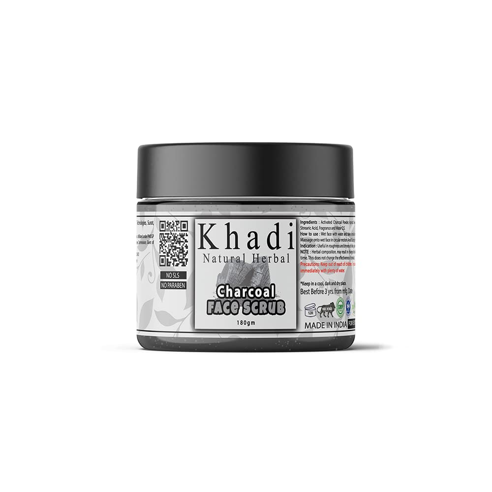 Khadi Natural Herbal Charcoal Face Scrub for Women & Men - Deep Cleansing, Anti-Acne, Blackhead Removal & Exfoliating | Tan Removal & Glowing Skin Treatment | 180GM Pack | Perfect for Daily Skincare & Spa Days