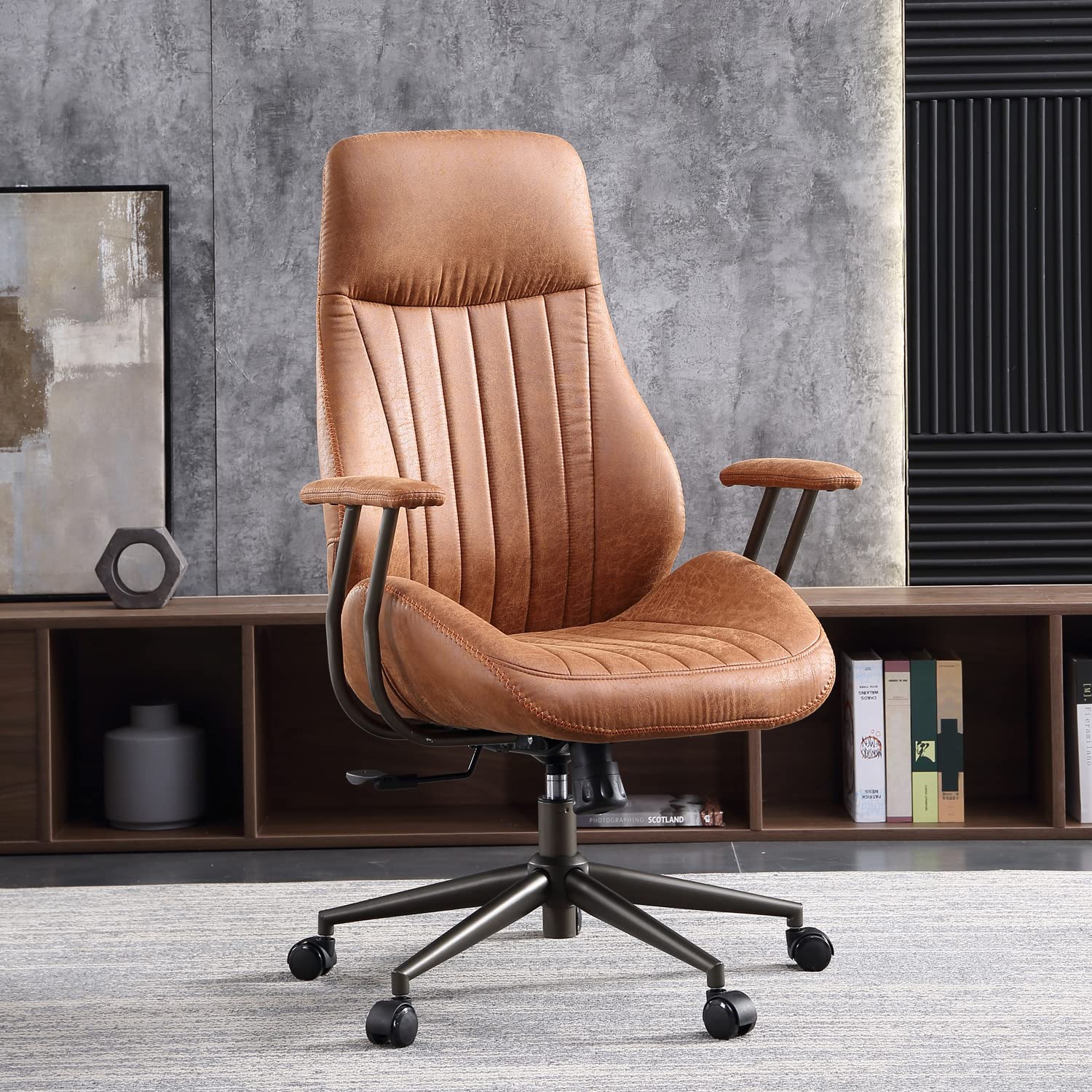 XIZZI Ergonomic Office Chair - High Back Leather Computer Desk Chair with Lumbar Support for Home & Executive Workspaces (Brown) - Perfect for Long Hours of Comfortable Work & Gaming