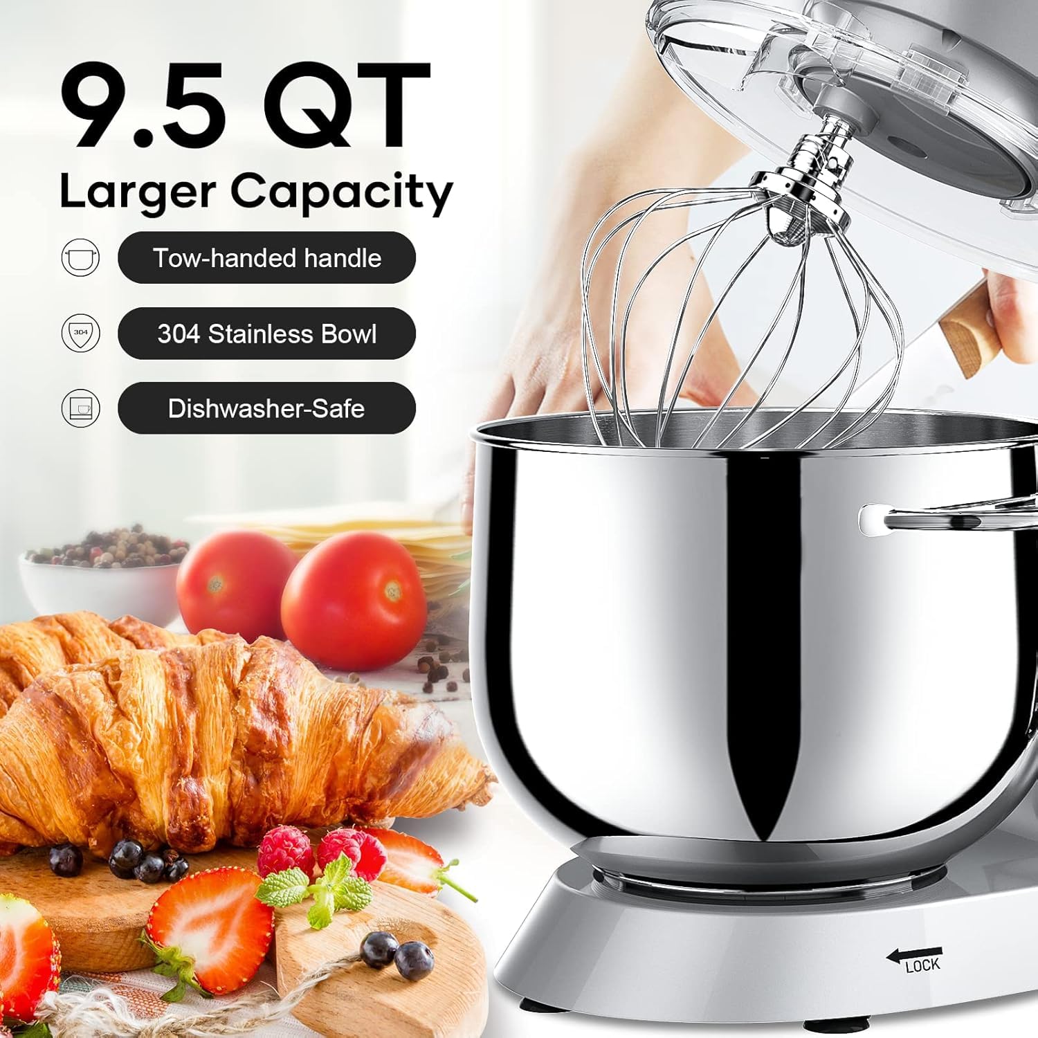 Vezzio 660W 10-Speed Tilt-Head Stand Mixer with 9.5 Qt Stainless Steel Bowl - Dishwasher-Safe Attachments for Baking, Whipping & Kneading - Perfect for Home Bakers & Cooking Enthusiasts (Silver)