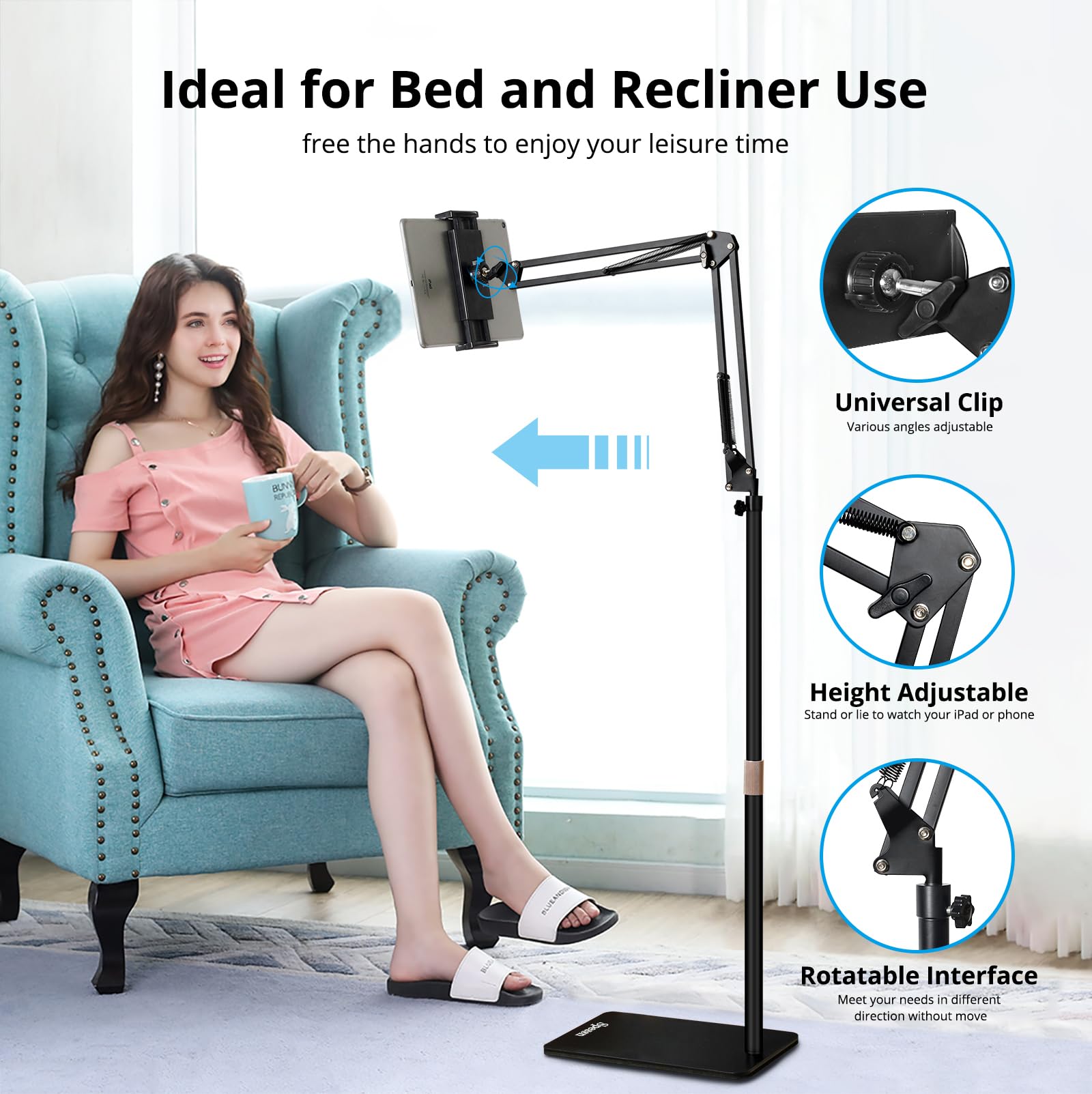 Adjustable Metal Tablet Floor Stand & Overhead Bed Phone Mount - Universal Holder for iPad, iPhone X, iPad Pro, Kindle (4.5-12.9