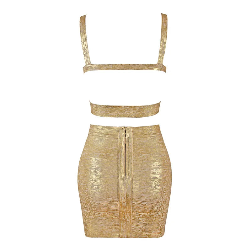 Blue Pink Gold 2-Piece Foil Print Rayon Bandage Dress Set for Evening Party & Night Out - Sexy Clubwear, Cocktail Dresses, Date Night Outfits