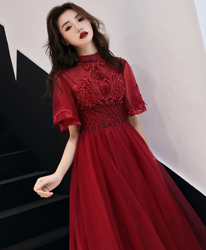 Elegant Burgundy Tulle Lace Long Prom Dress for Women - Formal Evening Gown for Homecoming, Wedding, and Special Occasions