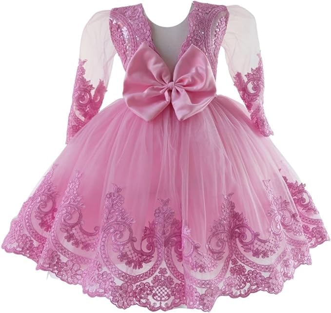 **Pink Lace Baby Girl Tutu Dress with Bowknot & Feather Flower - Long Sleeve Party Outfit for Toddlers (Age 5 Years) - Perfect for Christmas, Birthday, Wedding & Special Occasions - US Size**