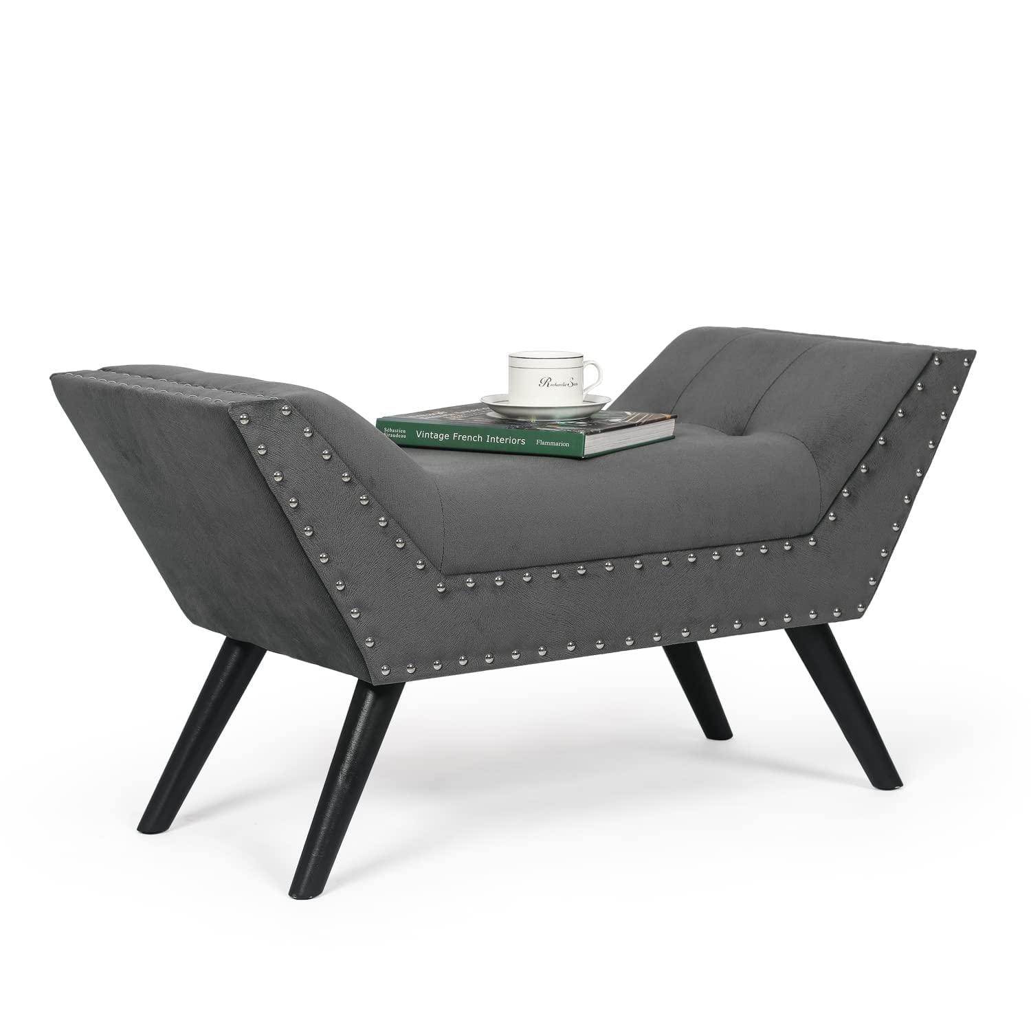 Modern Upholstered Fabric Ottoman Bench with Tufted Design & Wooden Legs - Gray Entryway Accent Bench with Nailhead Trim for Bedroom, Living Room, Hallway - Perfect for Seating, Storage & Home Decor