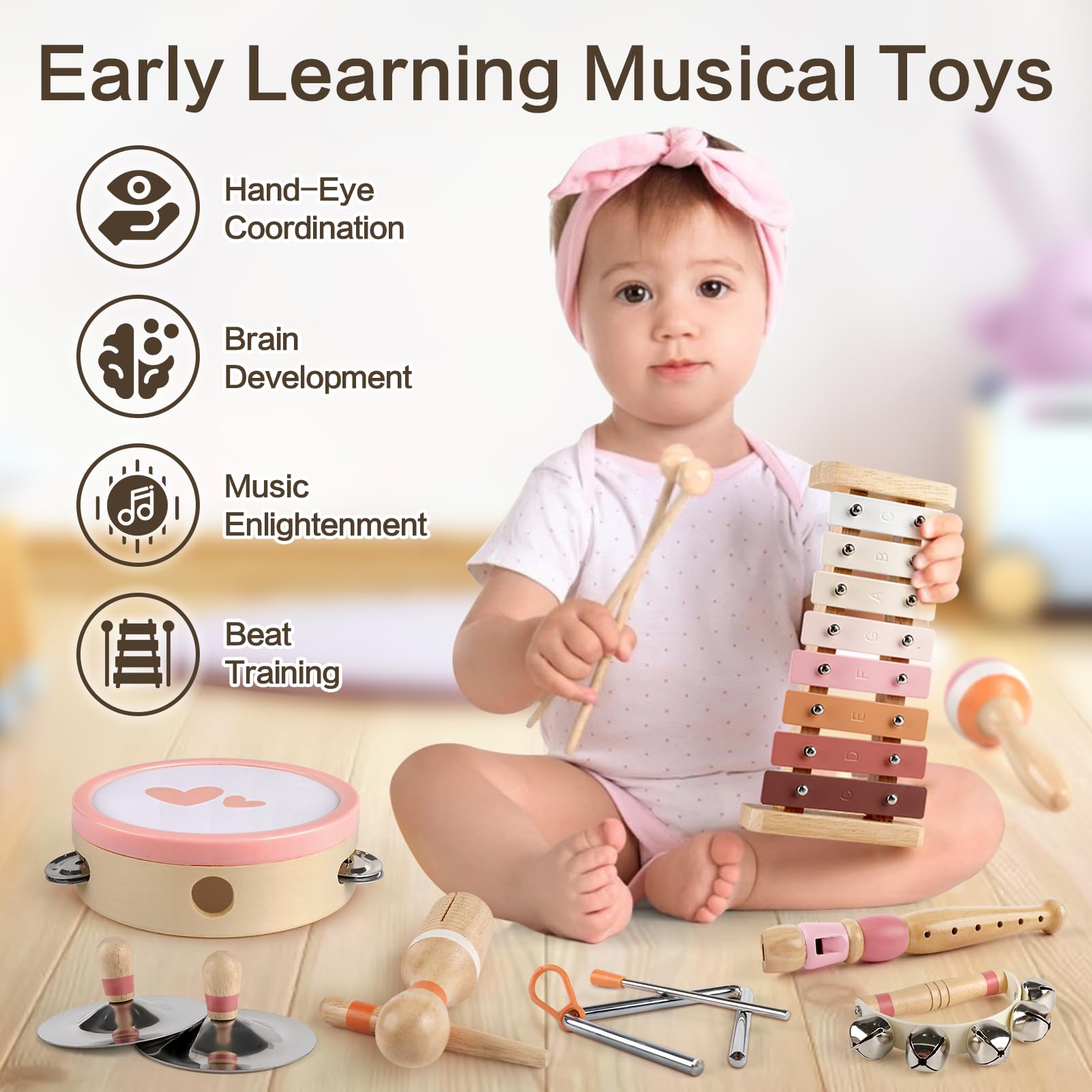 Vanplay 8-in-1 Wooden Musical Toys Set for Toddlers 1-3 Years Old - Xylophone, Drum & Montessori Learning Toys - Perfect Birthday & Easter Gift for Baby Girls 1-2 - Educational Musical Instruments for Early Childhood Development - Great for Playtime, Learning & Sensory Exploration
