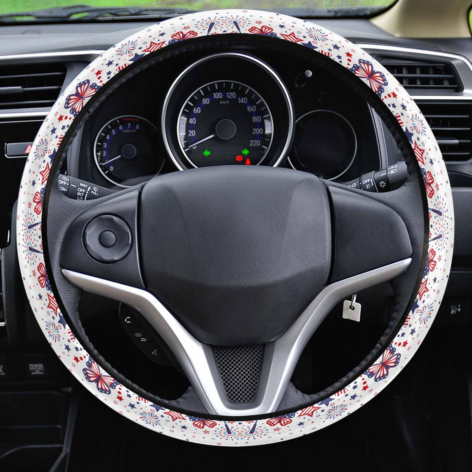 4th of July Patriotic Steering Wheel Cover - Red, Blue & Stars Design with Firework & American Flag Print - Non-Slip Elastic Sponge Grip for Cars, SUVs, Trucks & Vans - Perfect for Independence Day Celebrations & Road Trips