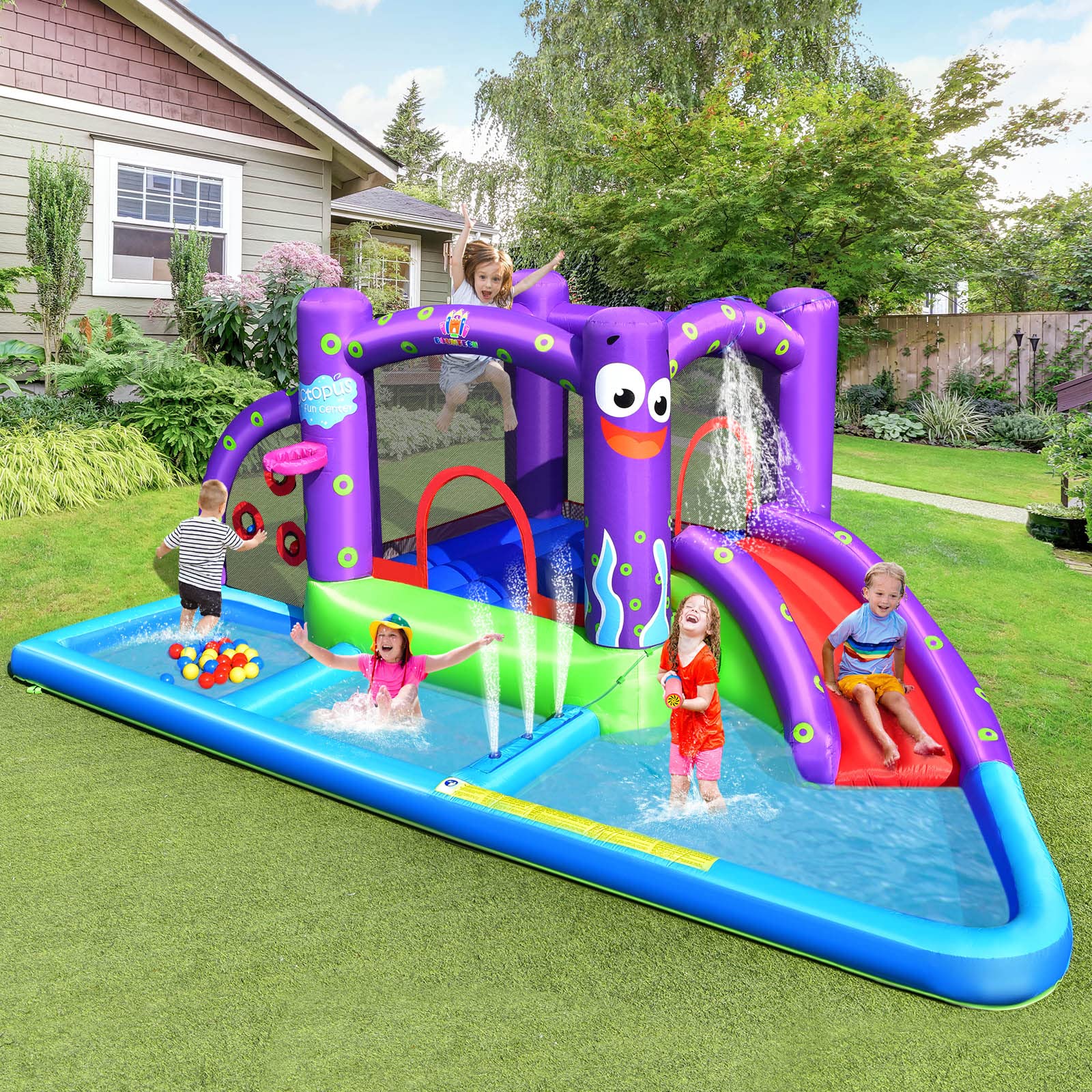 BOUNTECH Inflatable Water Slide with 3 Ball Pits & Splash Pool - 750W Blower Included - Outdoor Octopus Bounce House for Kids & Adults - Perfect for Backyard Parties, Summer Fun & Birthday Gifts