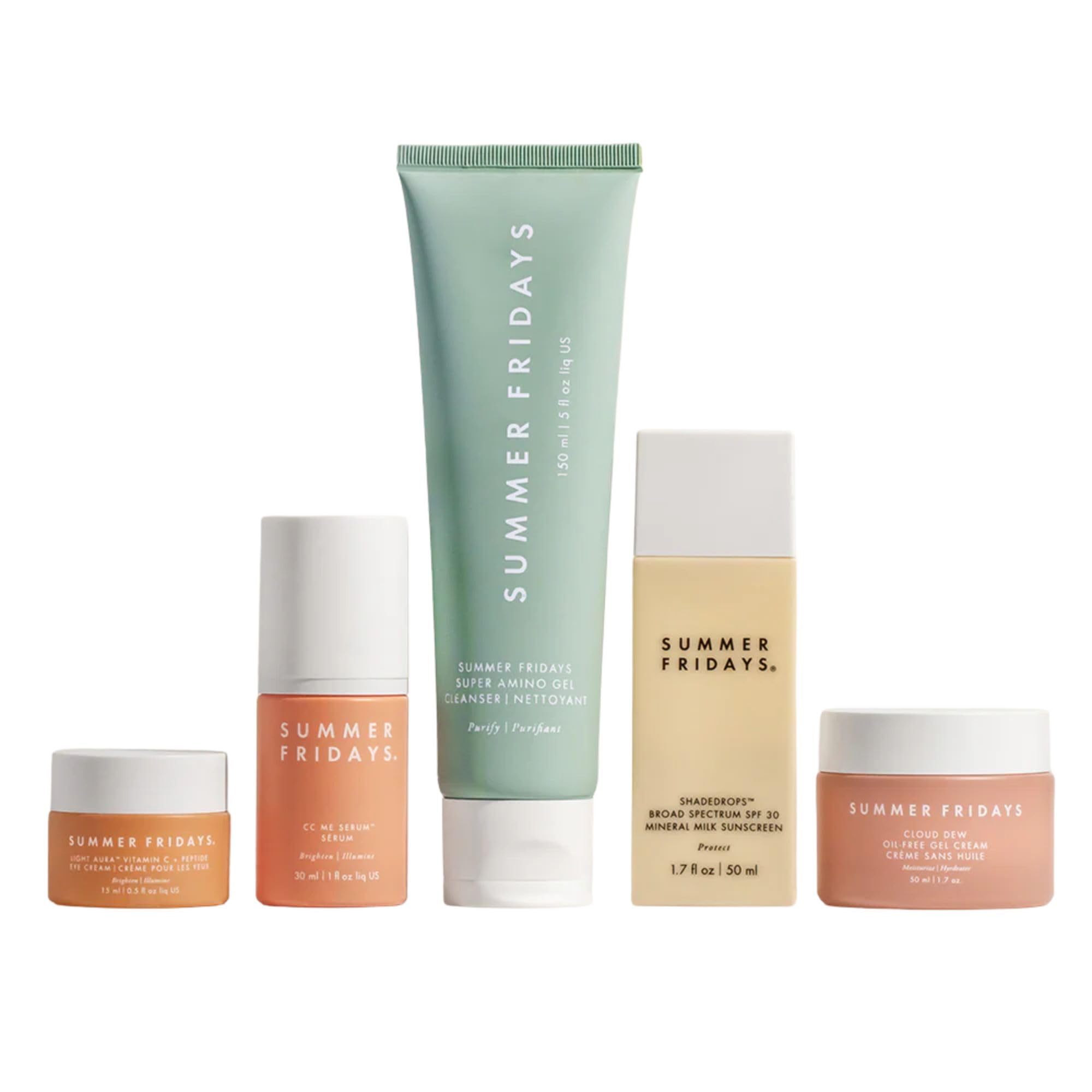 Summer Fridays Morning Routine Skincare Set - CC Me Vitamin C Face Serum (1 Fl Oz) + Light Aura Brightening Eye Cream (0.5 Oz) + Super Amino Hydrating Gel Cleanser (1.5 Fl Oz) + ShadeDrops SPF 30 Mineral Sunscreen (1.7 Fl Oz) + Cloud Dew Oil-Free Moisturizer (1.7 Oz) | Daily Skincare Regimen for Glowing Skin