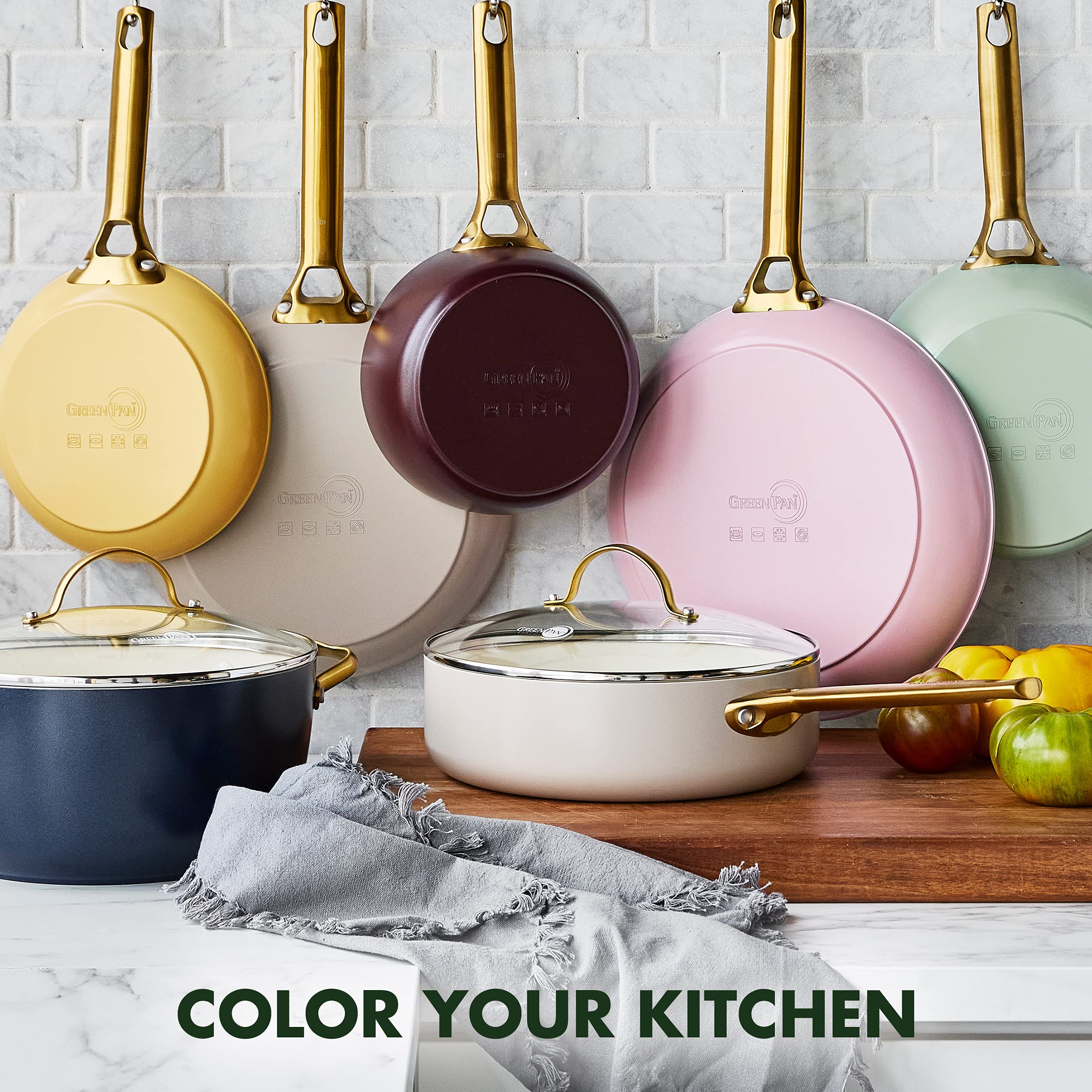 GreenPan Reserve 10-Piece Nonstick Cookware Set - Hard Anodized Healthy Ceramic Coating, PFAS-Free, Gold Handles, Dishwasher & Oven Safe, Sunrise Yellow - Perfect for Healthy Cooking, Frying & Baking at Home