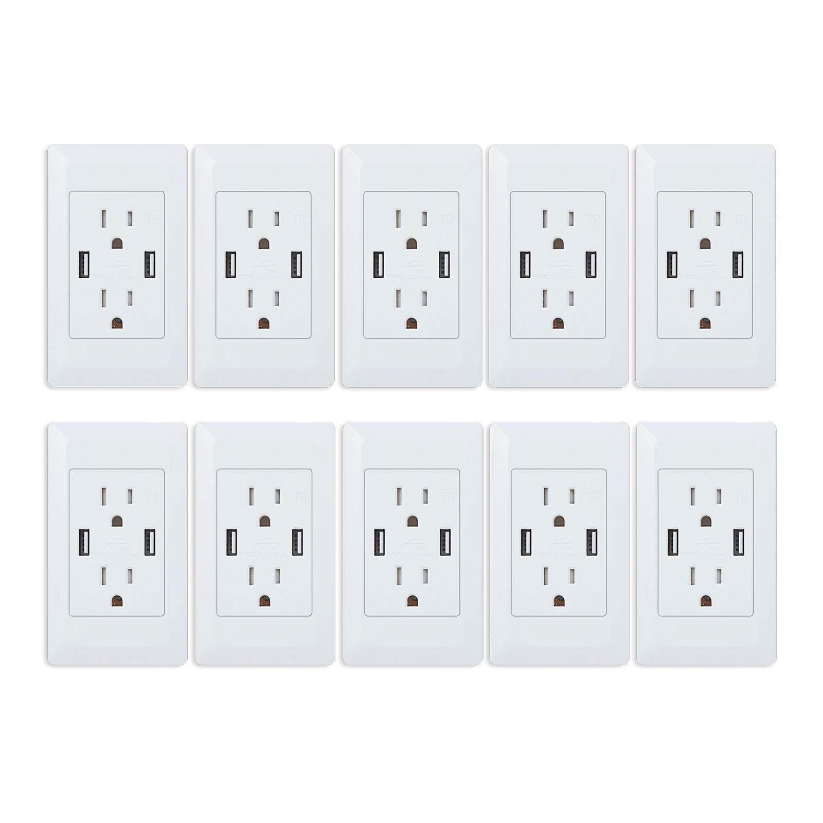GREENCYCLE 10-Pack USB Outlet Receptacle - 4.2A Fast Charging Dual USB Ports & 15A Tamper-Resistant Electrical Wall Outlet with Screwless Wall Plates - Perfect for Home, Office, Kitchen, and Bedroom Charging Stations