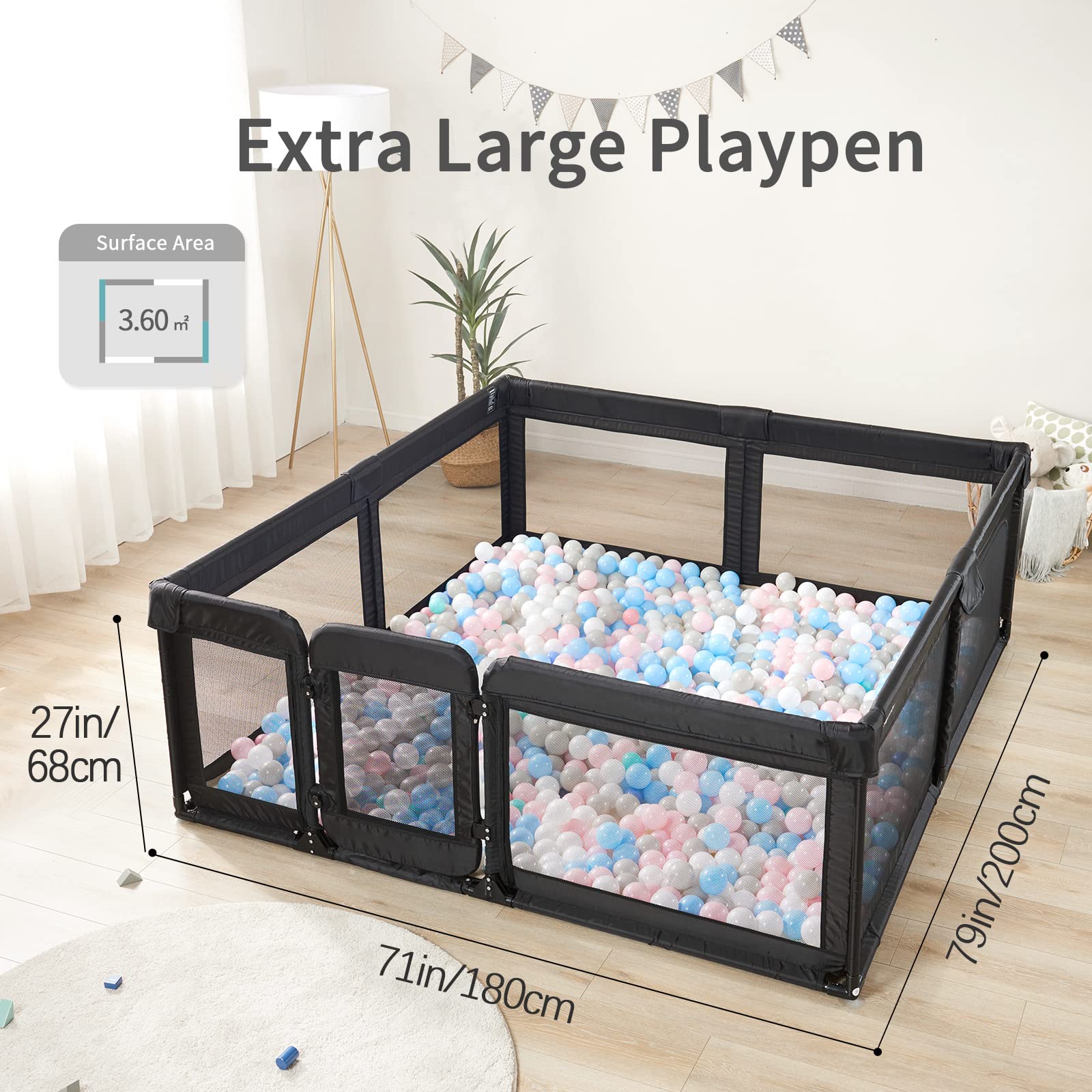 Sweeby Baby Playpen - Large 79x71 Play Yard for Babies & Toddlers with Gate & Door - Indoor Safety Fence with Mat - Black - Perfect for Playtime, Learning & Safe Exploration at Home