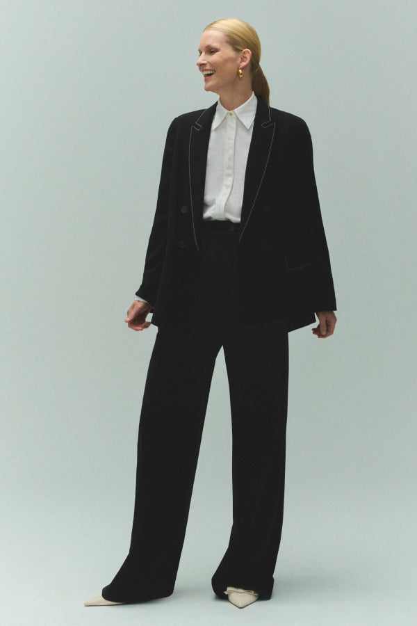 Bia Pleated Trousers for Women - High Waist Everyday Crepe Pants with Topstitch Detail - Comfortable Office Work Pants - Black - Perfect for Business Casual & Professional Wear
