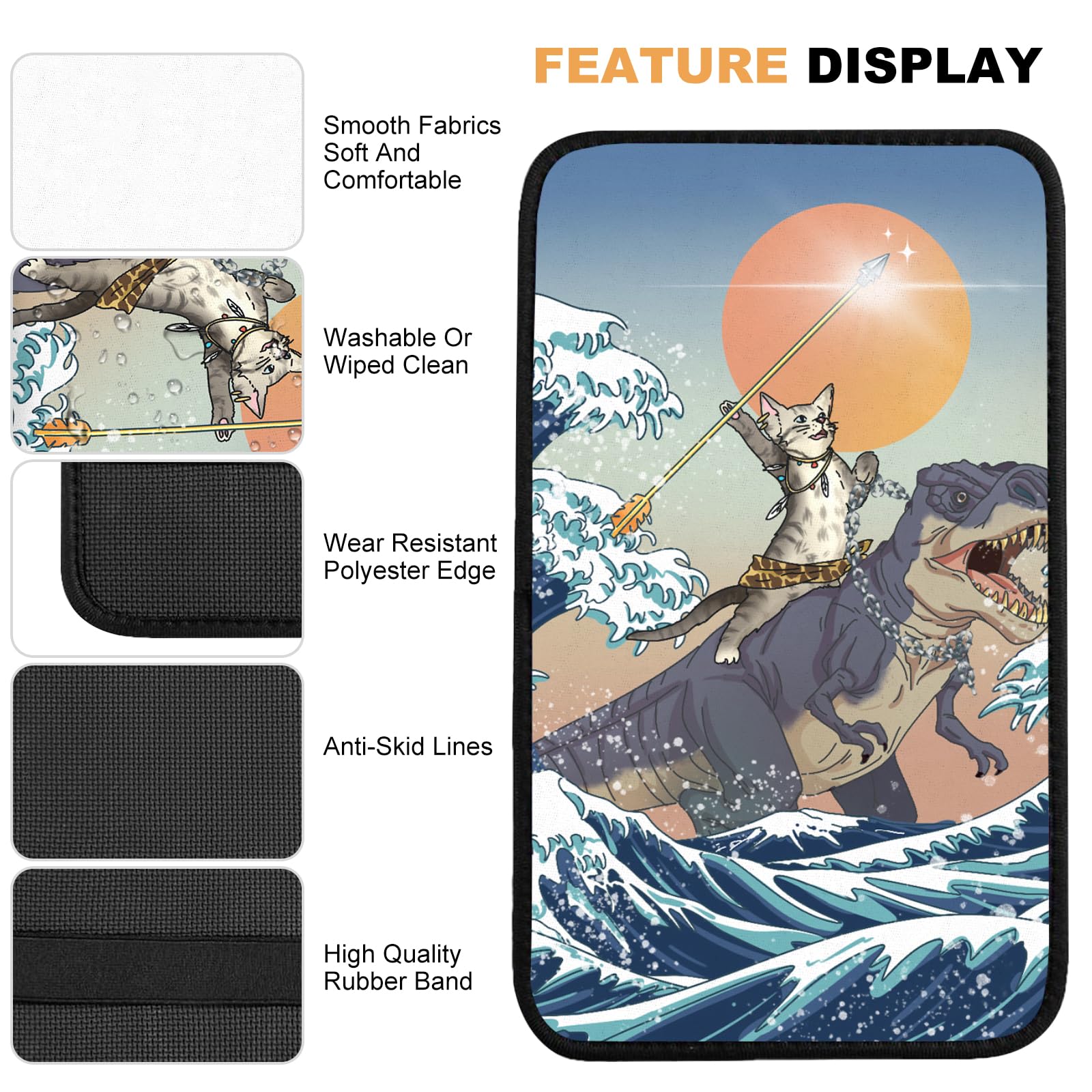 Cat & Dinosaur Car Center Console Cover - Universal Armrest Pad Protector for Cars, SUVs & Trucks | Soft & Durable Interior Accessory for Pet Lovers & Kids (Perfect for Road Trips & Daily Commutes)