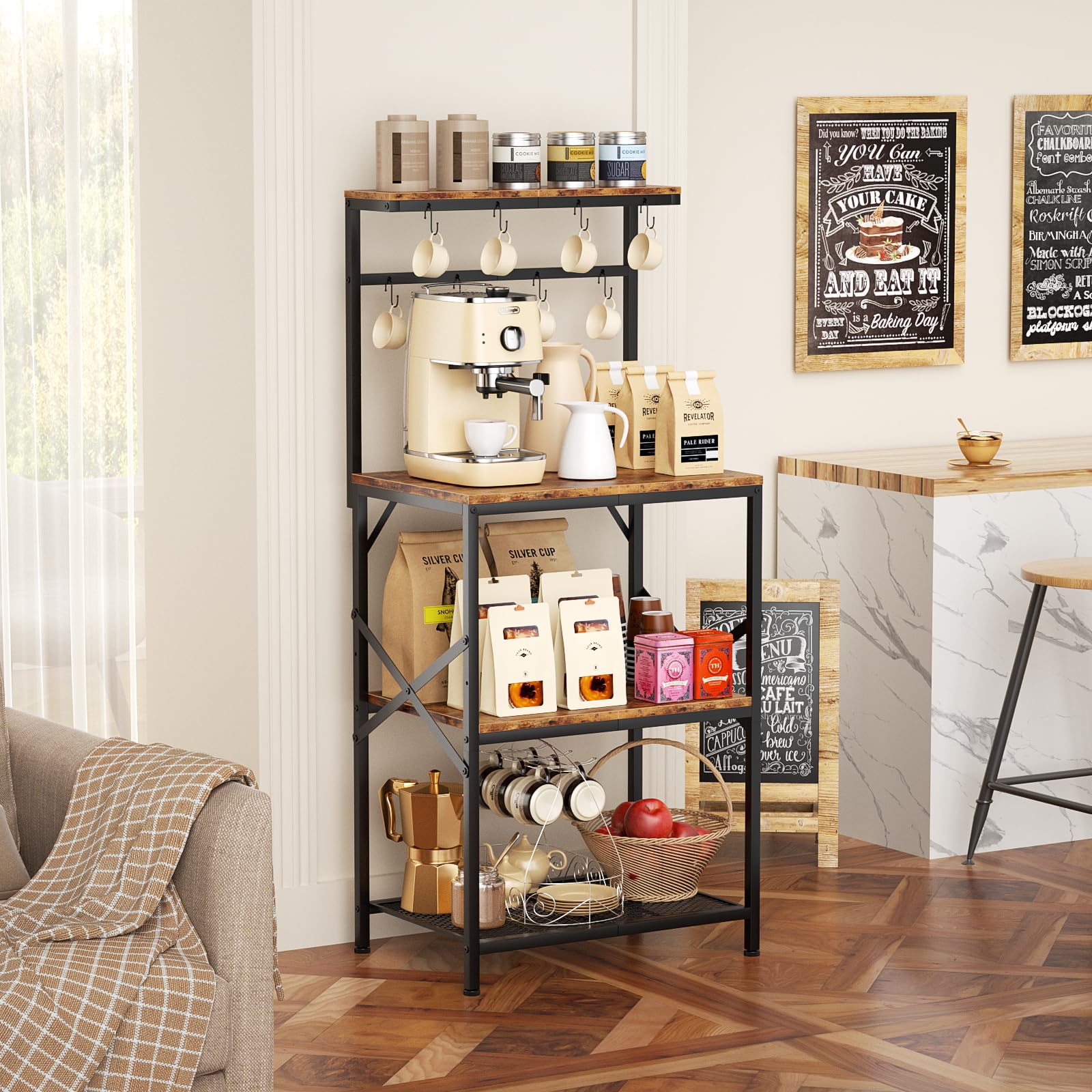 Rustic Brown 4-Tier Kitchen Bakers Rack with Adjustable Storage Shelves & 8 Hooks - Freestanding Microwave Stand, Coffee Bar Organizer - Perfect for Small Kitchens, Pantry Organization & Appliance Storage