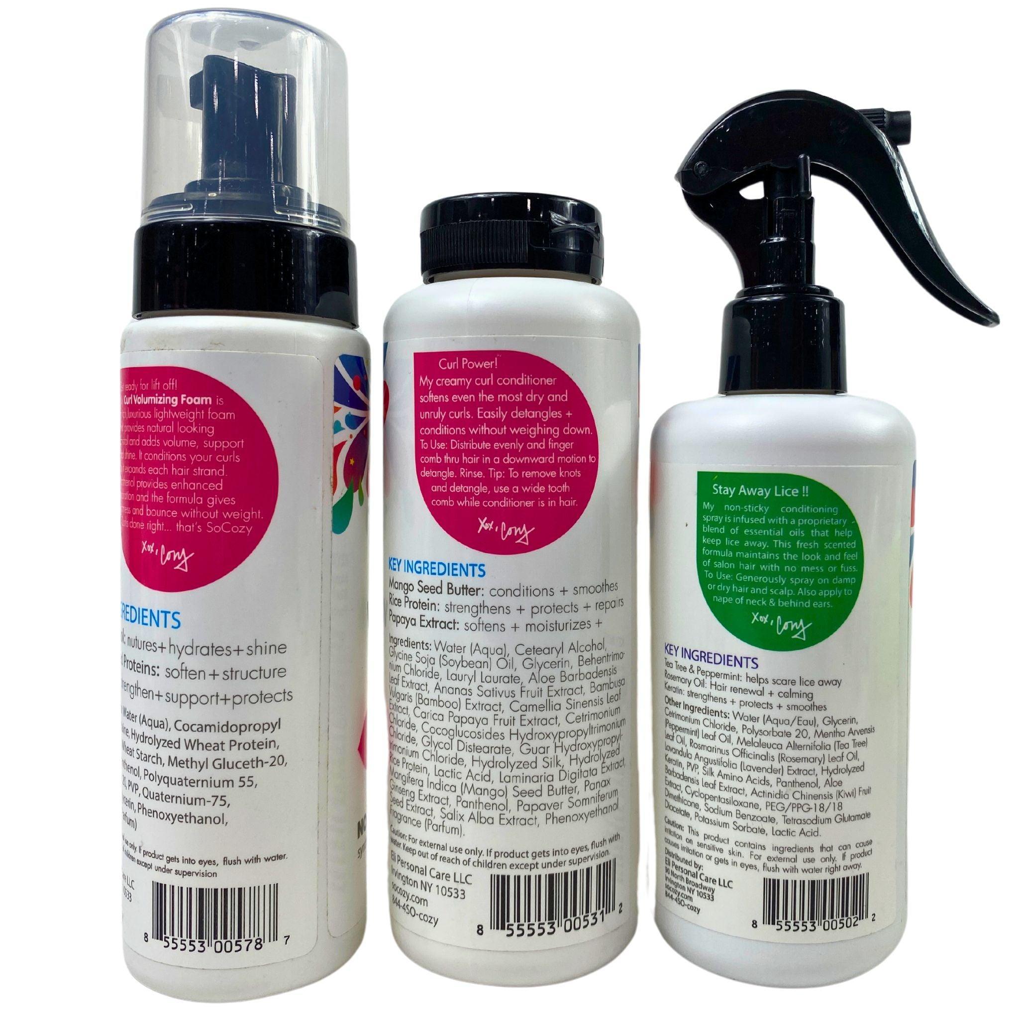 So Cozy Kids Mix Haircare Set - Lice Repellent Spray, Curl Conditioner & Volumizing Foam (50 Pcs) for Healthy, Shiny & Tangle-Free Hair - Perfect for Daily Kids Hair Care & Lice Prevention